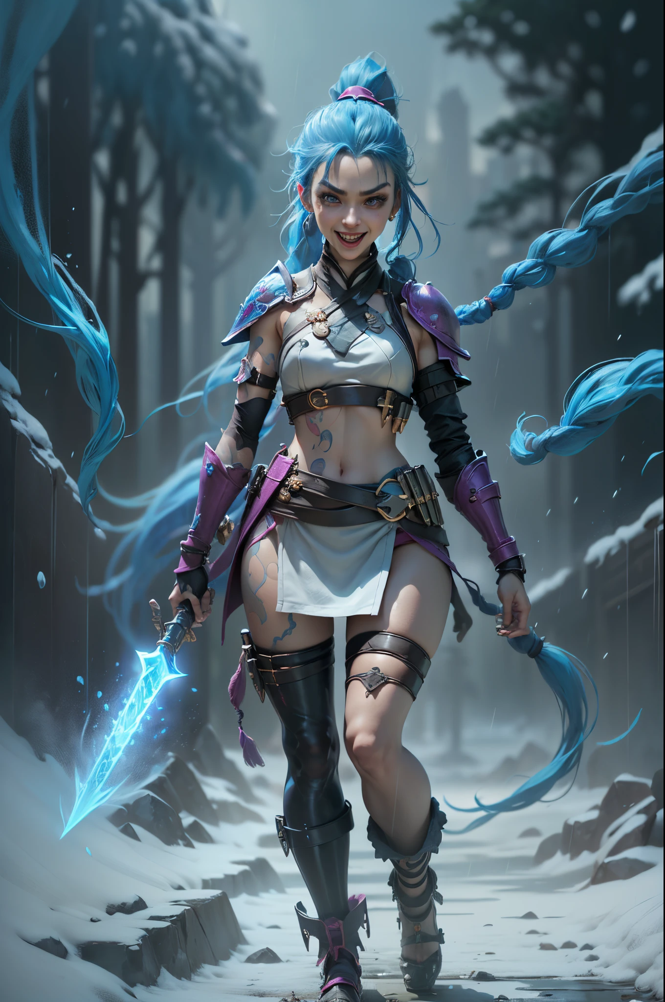 (Long-range shooting: 1.5), jinx \(league of legends\), (1girl，League of Legends Jinx)，(Scarlet eyes, crazy laughter, Blue double ponytail hair: 1.5)，Kungfu，((Wearing white plastic armor，head to toe，Crystal heels，standing on your feet))，(Holding a particle laser cannon in hand，a revolver)，Aoshu crystal, Attack status，(Snowy mountain woods，surrounded by rain，League of Legends Game World)，Illustration style，The whole body is exposed to the rain for a long time，(exquisite facial features，Perfect hand features)，martial arts style，(Selective focusing，full body shot of，tmasterpiece，ultra - detailed，Epic work，highest  quality，8k，panorama, first-person view, atmospheric perspective, UHD, masterpiece, ccurate, anatomically correct, textured skin, high details, award winning, best quality)