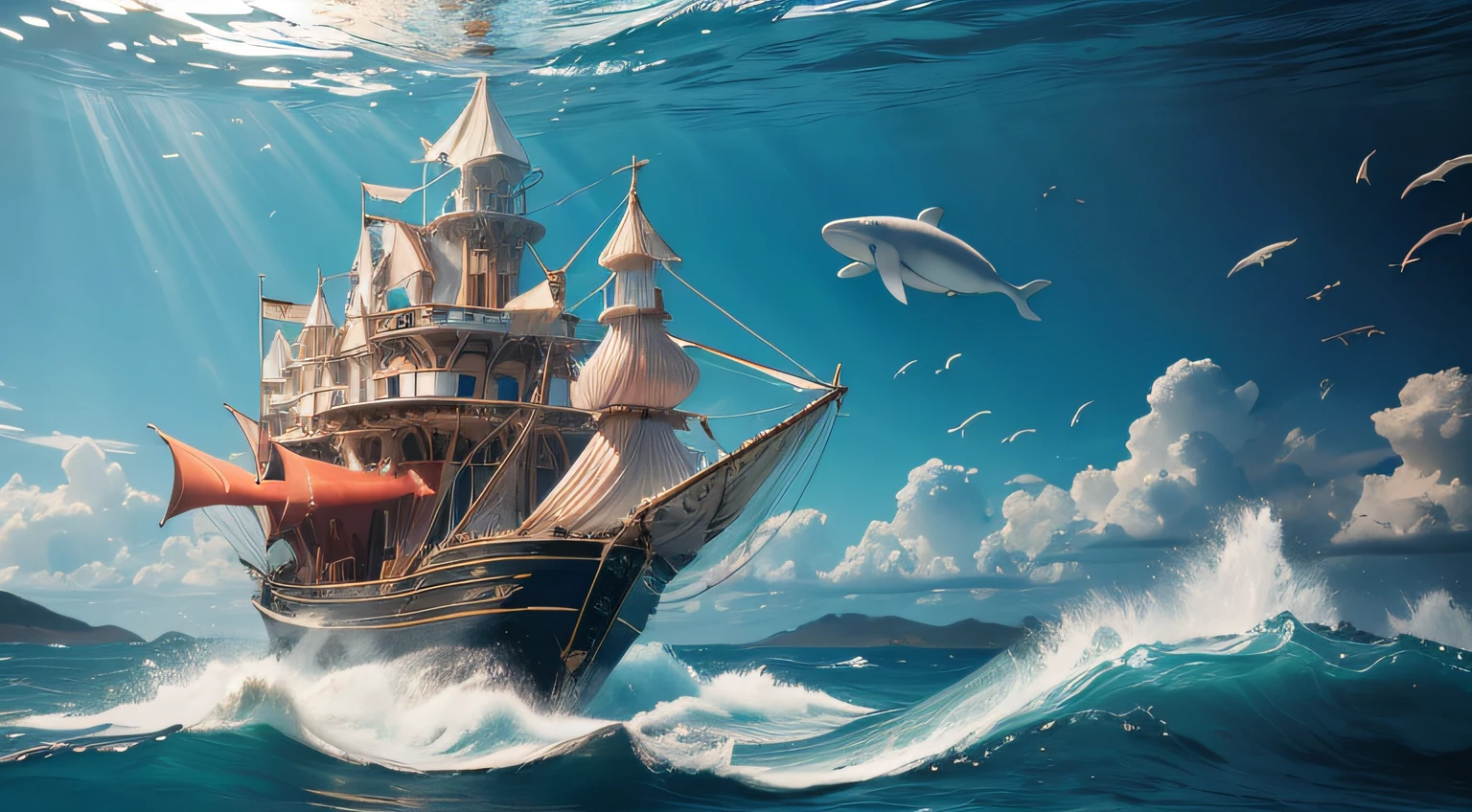 (Chief Dudans, dynamic, Creative) borgar (Coral and shell castle) On the back of a whale on the water. go with the flow . HighDynamicRange, hyperrealistic photo, A lot of detail.