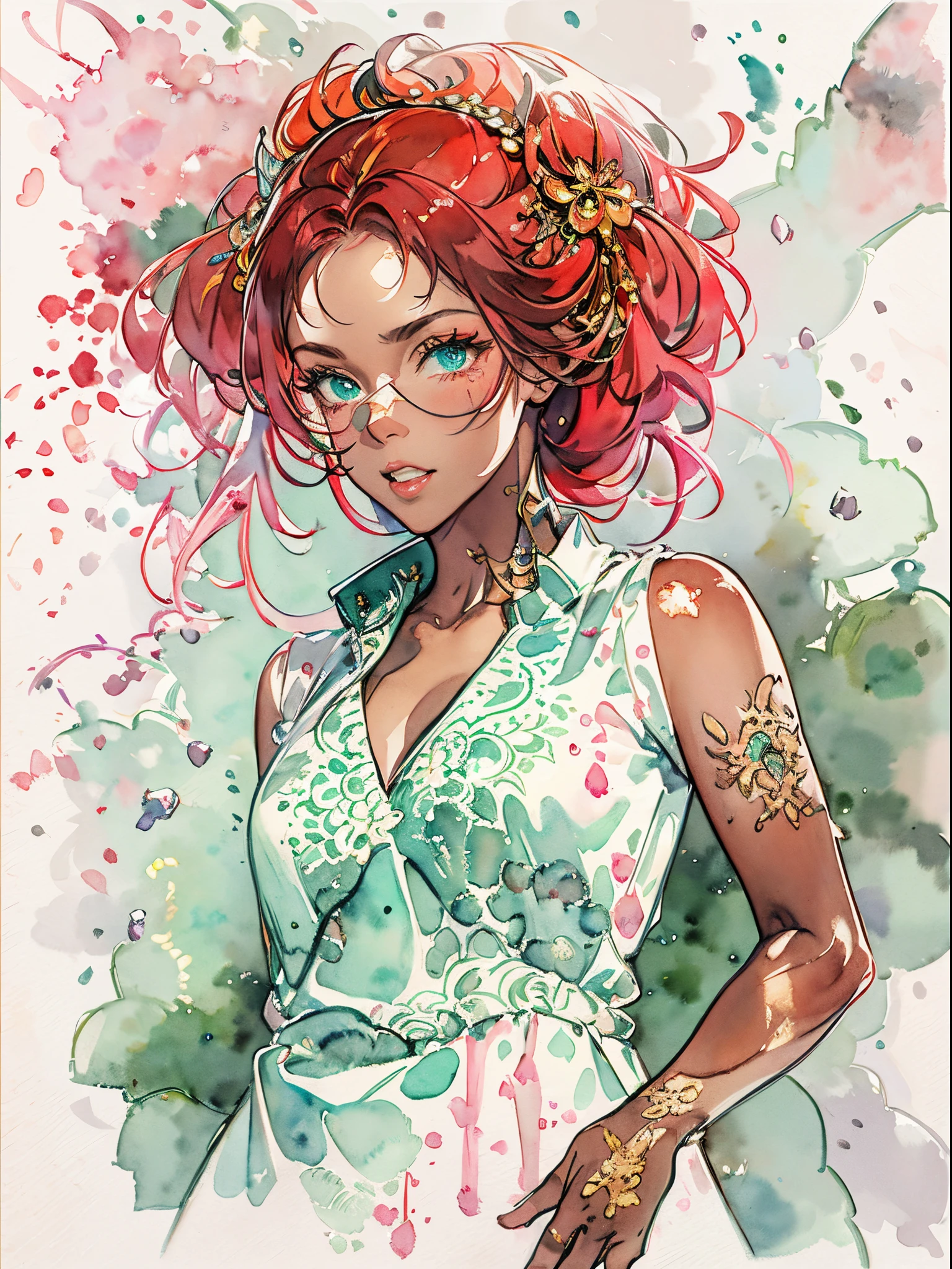 A black woman with red hair and light green eyes, wearing elegant party clothes, with scattered contours and white background, intricate details, low key, watercolor, splash