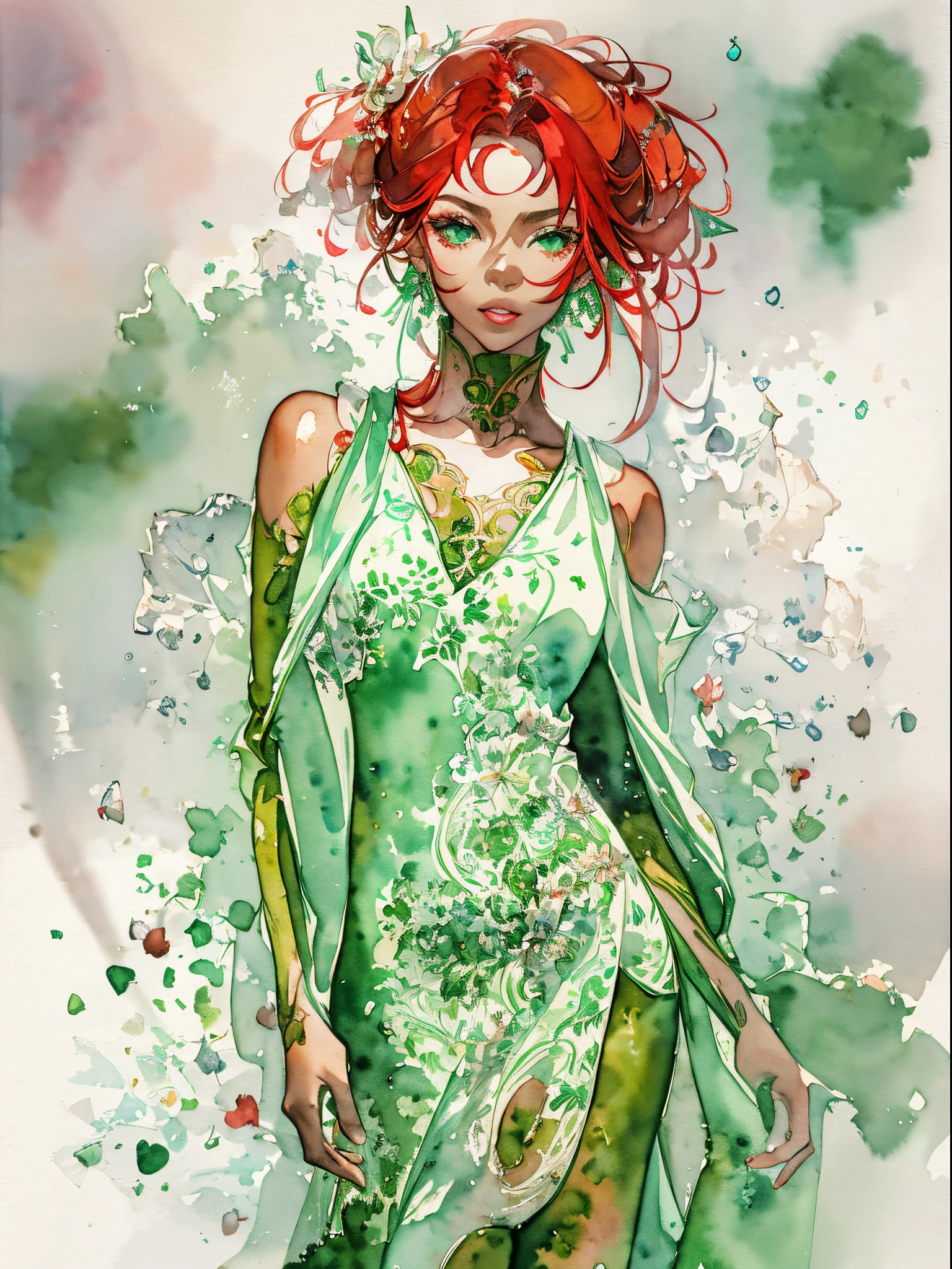 A black woman with red hair and light green eyes, wearing elegant party clothes, with scattered contours and white background, intricate details, low key, watercolor, splash