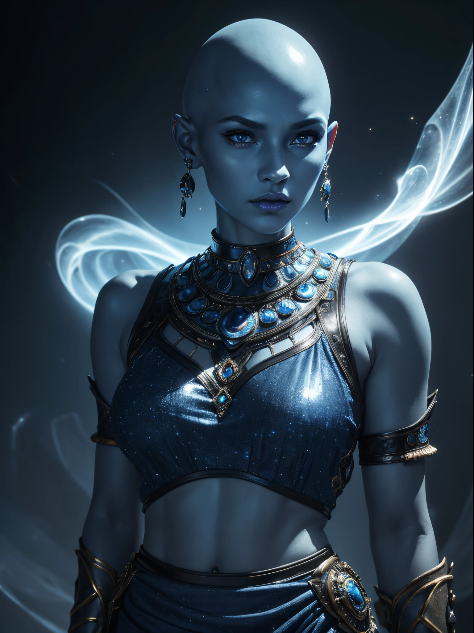 (best quality,4k,8k,highres,masterpiece:1.2),ultra-detailed,(realistic,photorealistic,photo-realistic:1.37),alien woman,blue skin,bald head,jewels,tribal skirt,cropped leather top,blue,starry background,vibrant colors,piercing blue eyes,strong facial features,luminous skin texture,regal posture,ethereal atmosphere,intense gaze,mysterious aura,dimly lit with moonlight