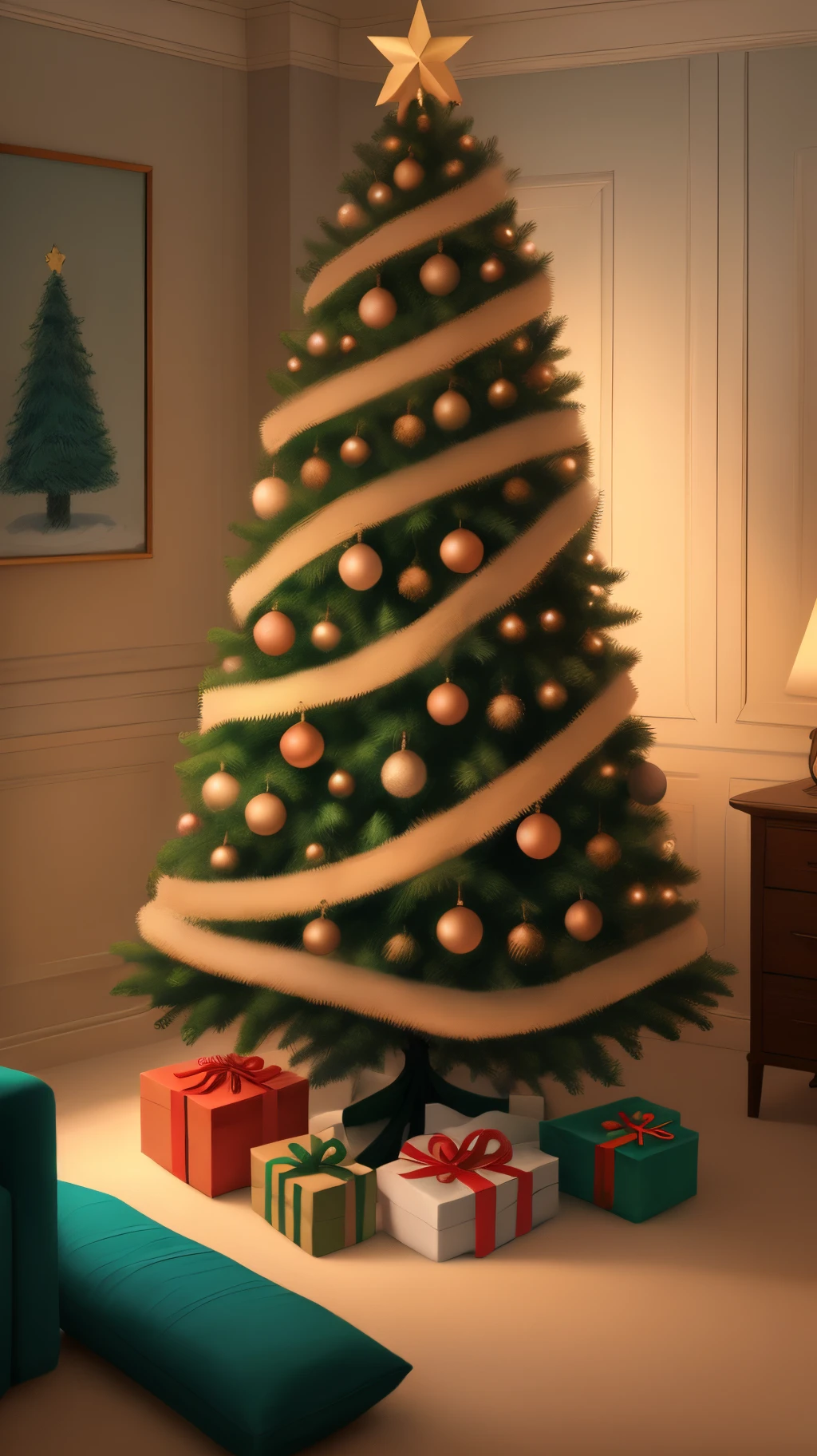 Teal Christmas tree，The hand-painted drawings are required to be beautiful and have a sense of atmosphere.