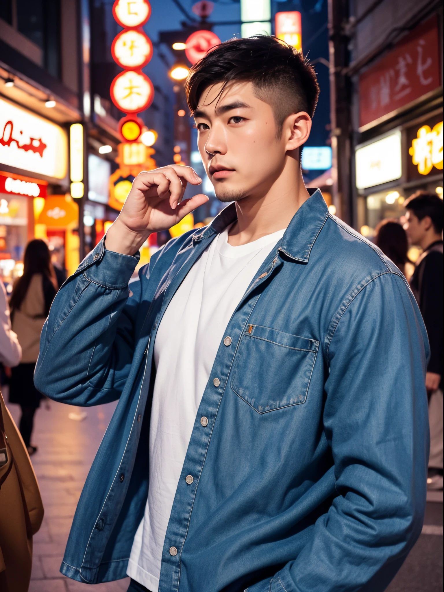 Japanese man, perfect body, handsome, big muscles, very short hair, wears a long-sleeved shirt, vintage fashion, charming, sexy, late night city, bright lights from shops