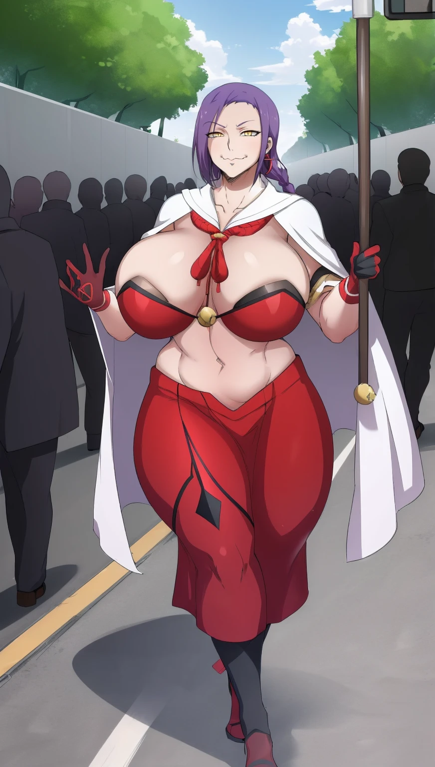 1girl, solo, looking at viewer, cowboy shot, hand arms full body,boots, standing,cute,breast, curvy, female,fantasy goddess,there is a cartoon picture of a woman with a very large breast, glowing divine being, glowing holy aura, inspired by Luma Rouge, the non-binary deity of spring, ethereal rainbow nimbus, the butterfly goddess of fire, inspired by Mariel, glowing aura around her, astral wind, as the goddess of the saturn, “uwu the prismatic person, big breast, serious, beautiful eyes, , full body, walking, long robe, long dress, ,priestess ,holy, smile, god rays, ray tracing, sparkle, cinematic lighting, UHD, retina, masterpiece, ccurate, anatomically correct, textured skin, super detail, high details, high quality, award winning, best quality, highres, 1080P, HD, 4K, thunder aura, light aura,full, snak staff,closed mouth,#anime #character #re:creators #magane chikujoin Trigger Words: chikujoin magane sharp teeth single braid school uniform serafuku pleated skirt thighhighs gloves earrings Version No.:, long skirt, sharpteeth smile