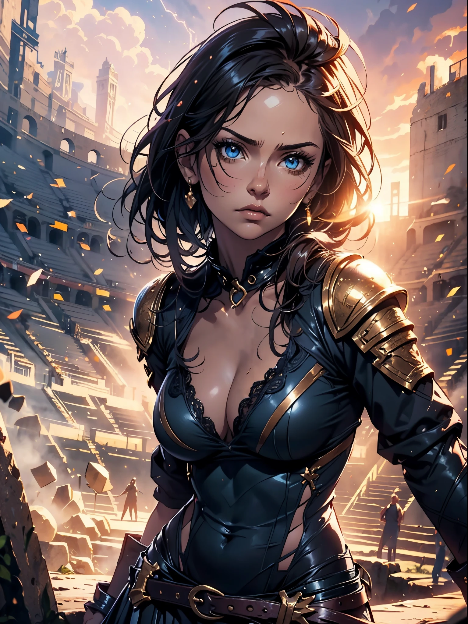 (masterpiece), (top-quality), sunset, natural lights, ,(realistic:1.5), Stunningly beautiful Sweish girl as a gladiator fighting in the Coliseum, Ancient Rome, natural lights, short_skirt, ancient_rome_armor, tattered clothes, (bright shot:1.1),masterpiece that captures the essence and beauty of the woman, ((cleavage)), cleavage, sexy, sensual, dark blue eyes, determined expression, sexy pose, athletic, looking at viewer, eye contact, sunset, detailed ancient rome arena in background, sunny_day, dynamic pose, action pose,alluring, seductive_pose, natural lights, cleavage, athletic body, medium breasts, upper body, mid shot, masterpiece, detailed, mature, bright colors, high saturation, stunningly beautiful girl, precise hands, determined expression, serious, courageous, brave, Clear eyes, Shining eyes,, ultra-definition, Top resolution, soft lightning