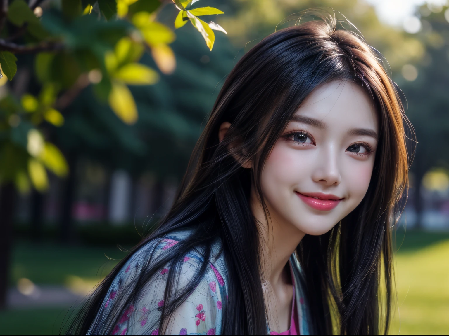 (primary subject), blurred background, beautiful detailed eyes, cute face, happy expression, colorful outfit, sunshine, outdoor scenery, vibrant colors, soft lighting, bokeh, oil painting style, high-resolution, ultra-detailed, vivid colors
