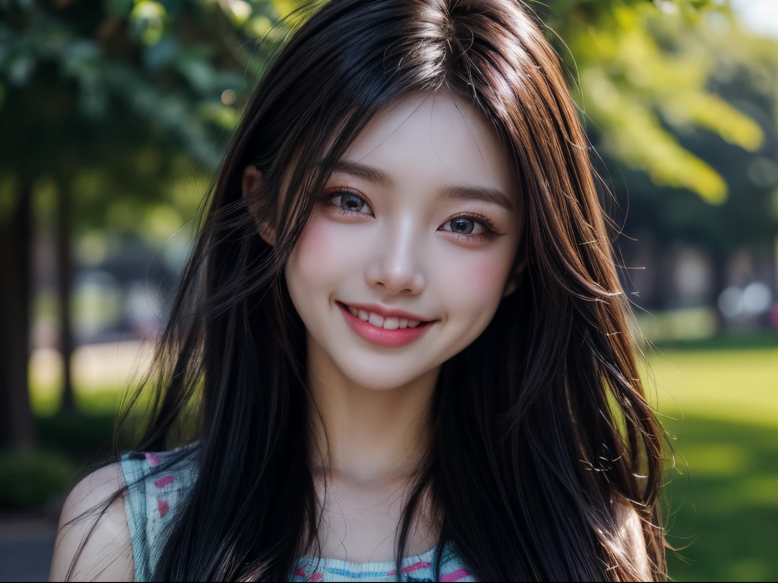 (primary subject), blurred background, beautiful detailed eyes, cute face, happy expression, colorful outfit, sunshine, outdoor scenery, vibrant colors, soft lighting, bokeh, oil painting style, high-resolution, ultra-detailed, vivid colors