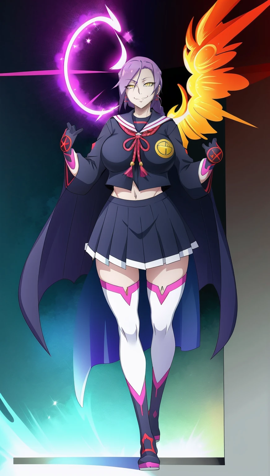 1girl, solo, looking at viewer, cowboy shot, hand arms full body,boots, standing,cute,breast, curvy, female,fantasy goddess,there is a cartoon picture of a woman with a very large breast, glowing divine being, glowing holy aura, inspired by Luma Rouge, the non-binary deity of spring, ethereal rainbow nimbus, the butterfly goddess of fire, inspired by Mariel, glowing aura around her, astral wind, as the goddess of the saturn, “uwu the prismatic person, big breast, serious, beautiful eyes, , full body, walking, long robe, long dress, ,priestess ,holy, smile, god rays, ray tracing, sparkle, cinematic lighting, UHD, retina, masterpiece, ccurate, anatomically correct, textured skin, super detail, high details, high quality, award winning, best quality, highres, 1080P, HD, 4K, thunder aura, light aura,full, snak staff,closed mouth,#anime #character #re:creators #magane chikujoin Trigger Words: chikujoin magane sharp teeth single braid school uniform serafuku pleated skirt thighhighs gloves earrings Version No.:, long skirt, sharpteeth smile, open mouth