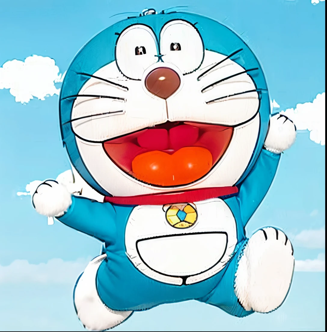 Imen,Doraemon,smiling, jumping, blue and white clothes, magic bag,