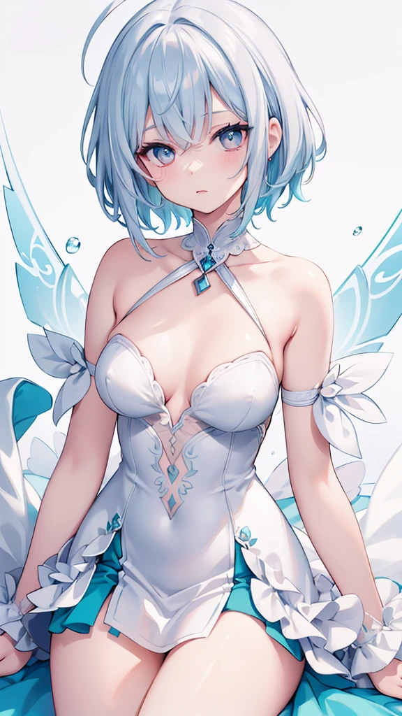, (Masterpiece, Slim Body, Delicate Fingers: 1.2), Best Quality, (Illustration: 1.2), (Hyper Detail), Eye Focus, Ultra Detail, (Fine Detail), (Intricate Detail), HDR, (Ultra Detail: 1.15), (Soft Light: 1.2), (1 girls), White dress, White hair and blue highlights , cyan eyes, ager, medium short hair, solo, multicolored hair, ahoge, medium breasts, full portrait of elementalist, mismatched pupils, multicolored eyes, high quality, best quality, full body image,