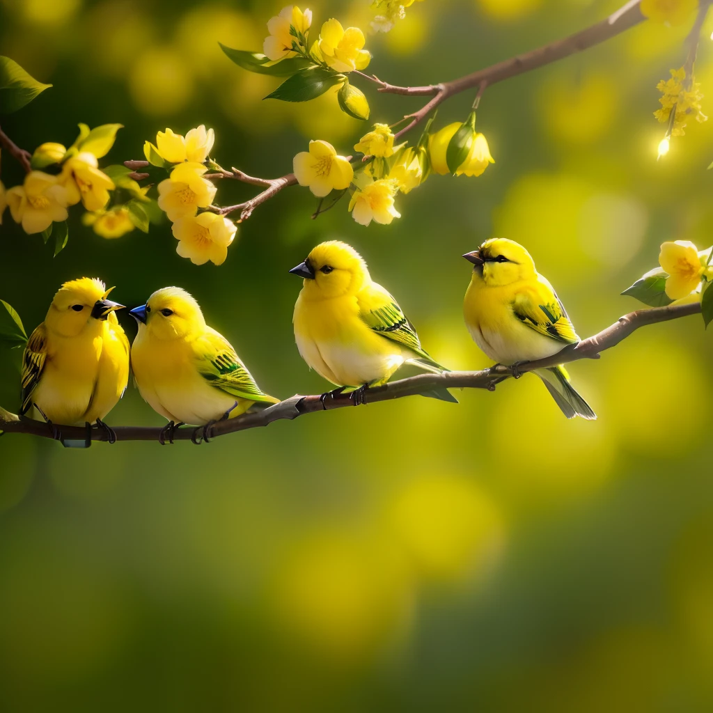 Many yellow canaries sitting on various branches of a small green tree, luz de fim de tarde, volumetric color, dynamic  lighting, cinemactic, profundidade de campo