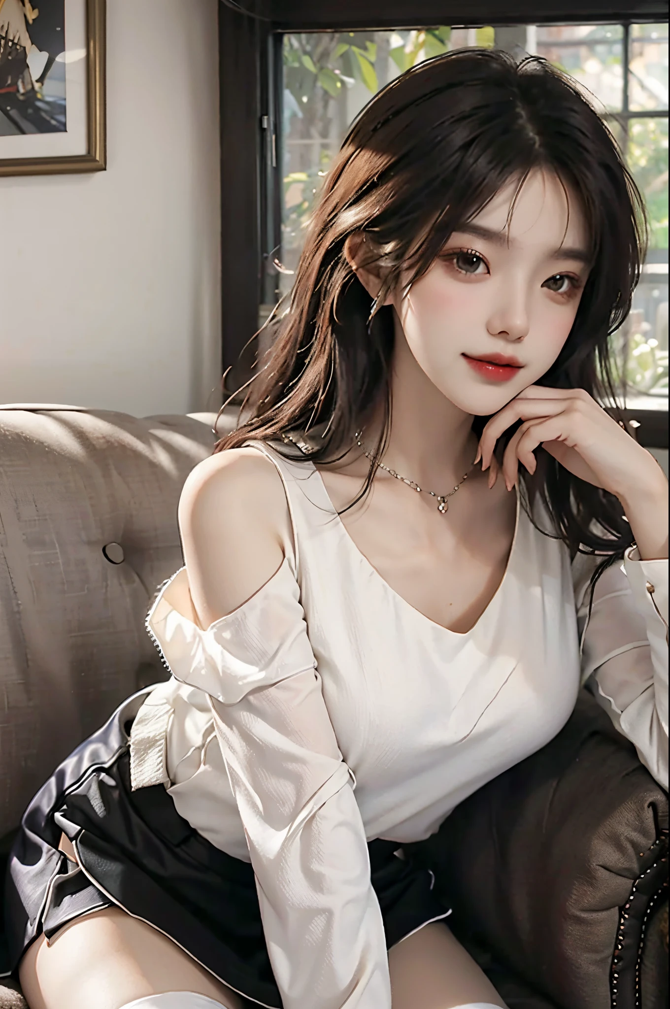 20-year-old sexy model, mix4, White color blouse, cropped shoulders, A plump chest, black short skirt, black lence stockings, Sit Pose, sitting in the couch, best qualtiy, 超高分辨率, lighting perfect, ssmile, Close up