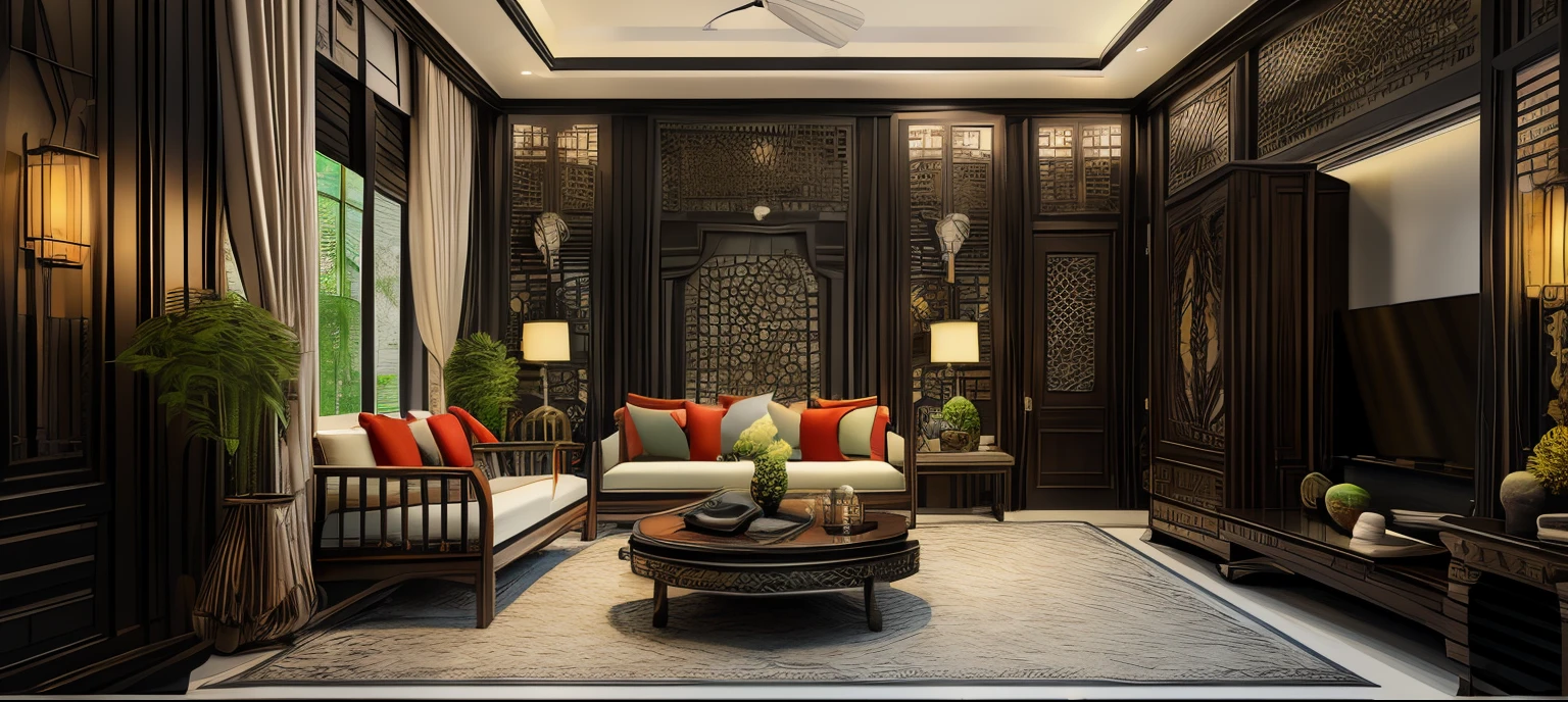 (( masterpiece)) (( ultral realistic)) (( sharp forcus)) (( high detail)) livingroom in indochina style,china , vietnam, black wooden furniture, wallpaper, patent,glossy, ceramic tiles floor,