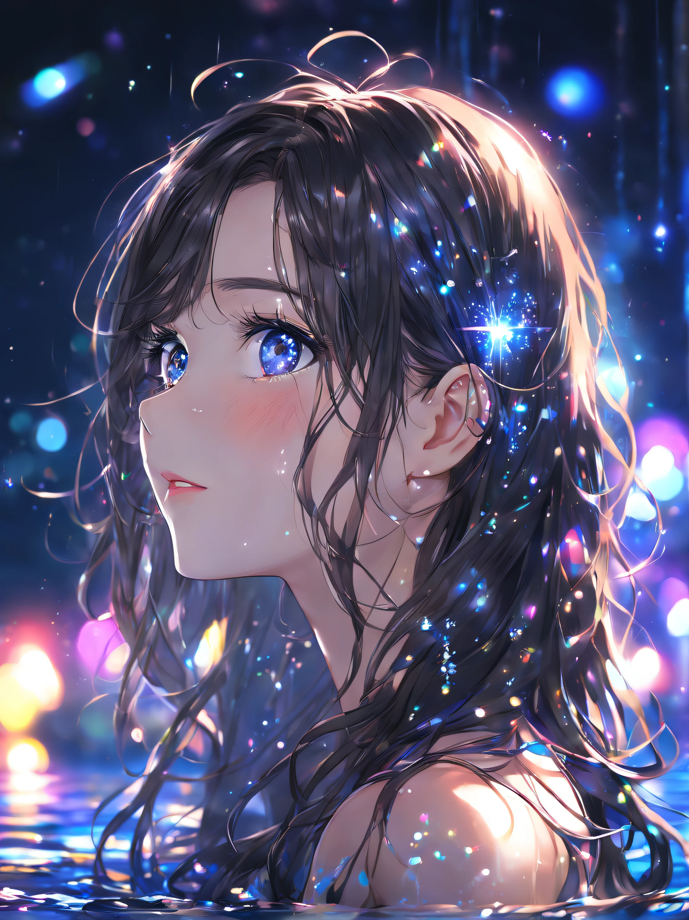 side face focus, eyes focus, cute face, masterpiece, best quality, sharp focus, UHD, 1girl, Long brown hair, side look to viewers, standing in water, wearing a black bra, colorful lights, sparkling eyes, blue night, colorful galaxy lights, side-looking, upper body, night scene,