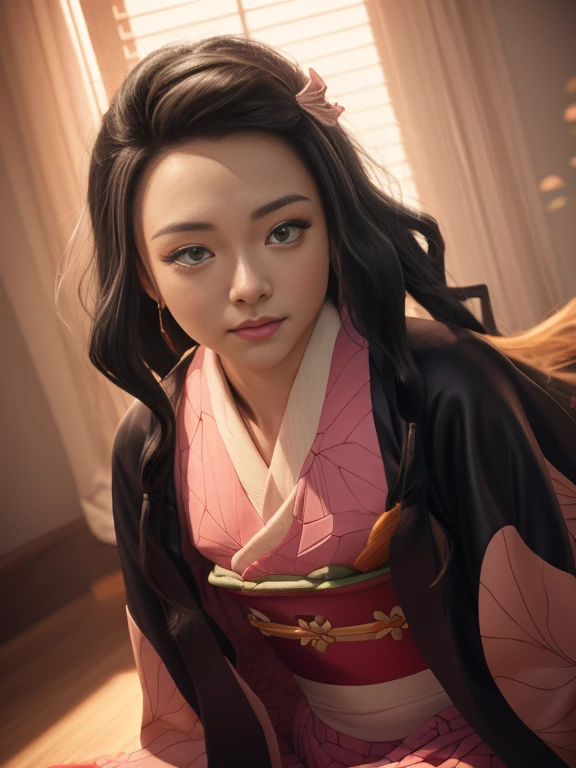 medium portrait, A real life adaption of NEZUKO KAMADO, pink kimono girl from the world of Demon Slayer, bamboo , nice eyes, exquisite face, side lighting, cinematic, neutral background, hyper realistic, 8k, 3d render, perfect composition