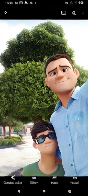 Best pixar style image, A man in a blue shirt and a boy in a green shirt are hugging each other, behind them is a tree