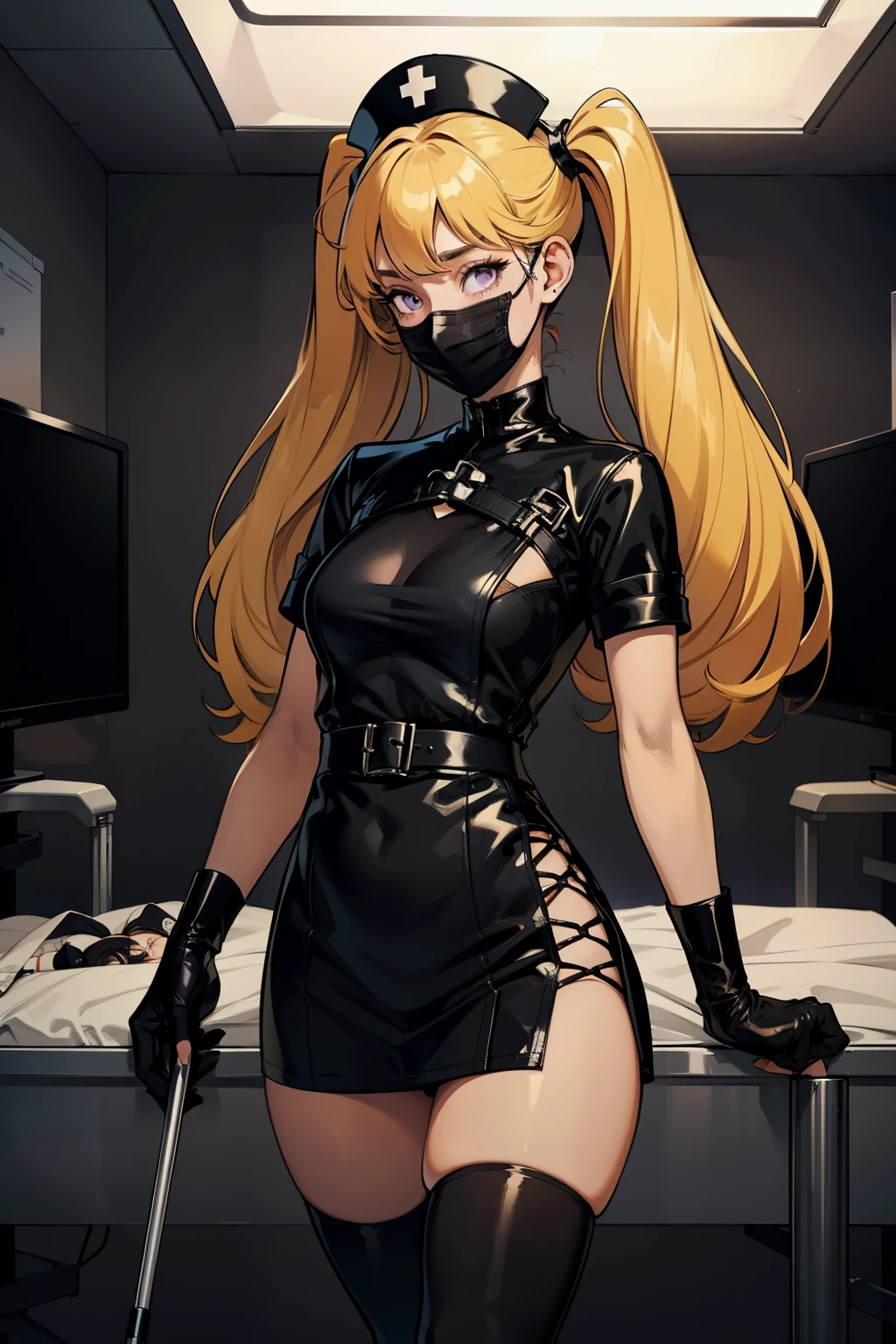black nurse, 1girl, solo, black nurse cap, black wear, ((black legwear, zettai ryouiki)), black elbow gloves, twintails, yellow hair, purple eyes, ((black surgical mask, covered nose)), standing, ((surgery room)), sharp outline, short sleeves, best quality, masterpiece