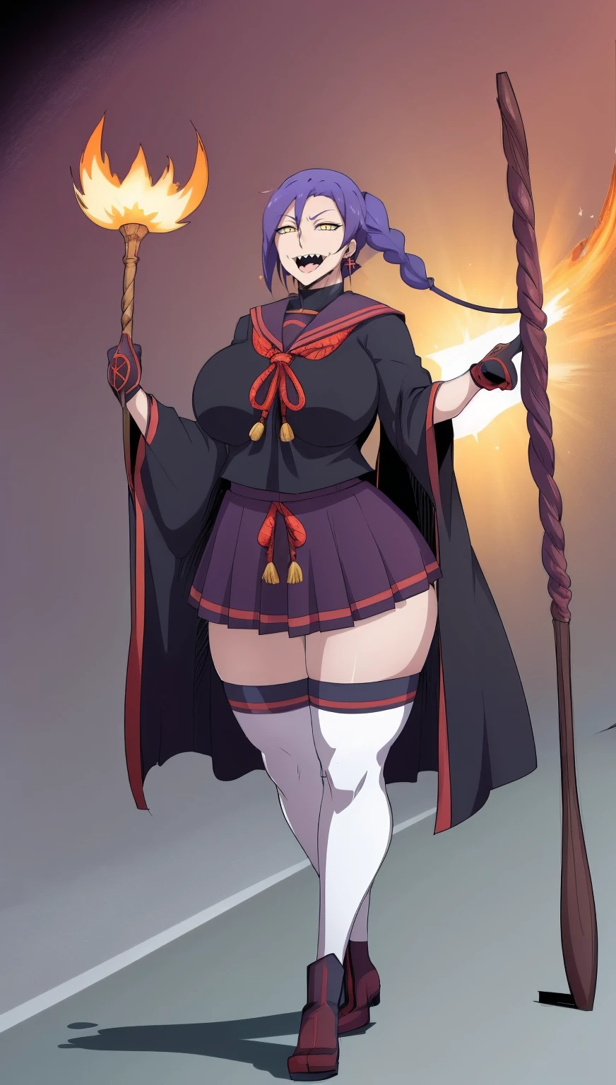 1girl, solo, looking at viewer, cowboy shot, hand arms full body,boots, standing,cute,breast, curvy, female,fantasy goddess,there is a cartoon picture of a woman with a very large breast, glowing divine being, glowing holy aura, inspired by Luma Rouge, the non-binary deity of spring, ethereal rainbow nimbus, the butterfly goddess of fire, inspired by Mariel, glowing aura around her, astral wind, as the goddess of the saturn, “uwu the prismatic person, big breast, serious, beautiful eyes, , full body, walking, long robe, long dress, ,priestess ,holy, smile, god rays, ray tracing, sparkle, cinematic lighting, UHD, retina, masterpiece, ccurate, anatomically correct, textured skin, super detail, high details, high quality, award winning, best quality, highres, 1080P, HD, 4K, thunder aura, light aura,full, snak staff,closed mouth,#anime #character #re:creators #magane chikujoin Trigger Words: chikujoin magane sharp teeth single braid school uniform serafuku pleated skirt thighhighs gloves earrings Version No.:, long skirt, sharpteeth smile, open mouth, long skirt, pullover