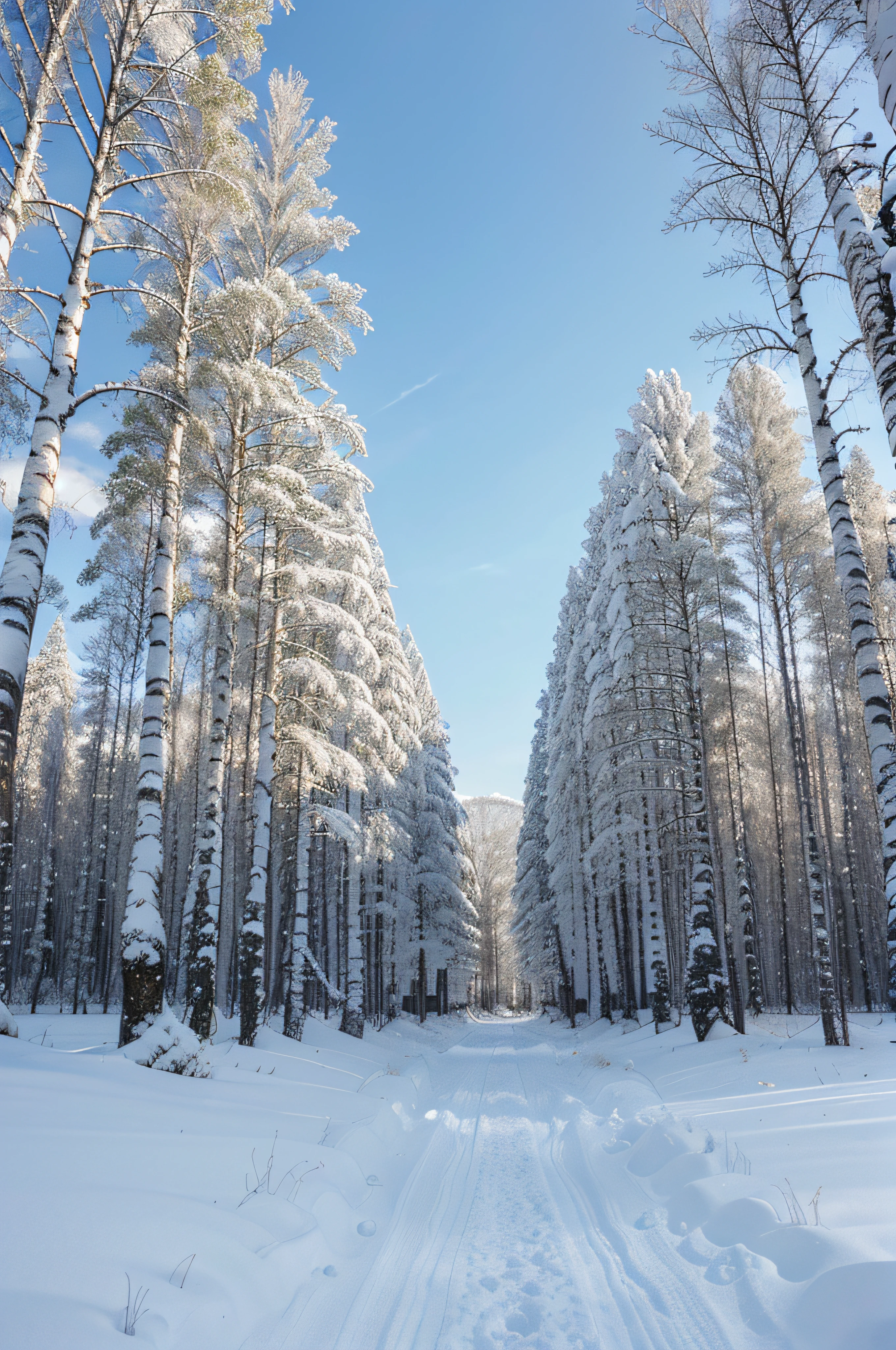 photo of landscape，Ultra-high sharpness，The birch forest is full of snow，There are no greenery，Sky blue，in snowy weather