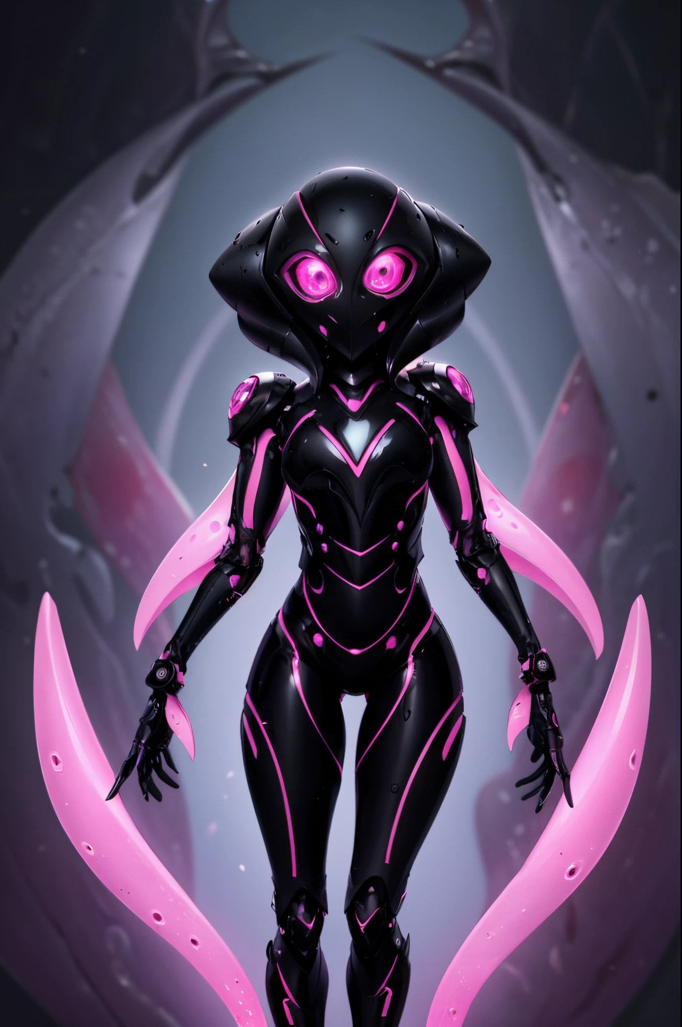 A humanoid squid. Black body with pink subcolor. robot eyes. Feminine. Shiny. Emits light. lips. Deformed style. Full body image.