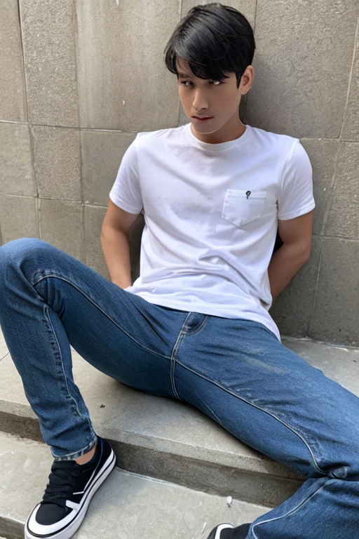 Un hombre joven coreano sentado con las piernas abiertas usando jeans azules, camisa elegante blanca, zapatillas blancas y un peinado coreano