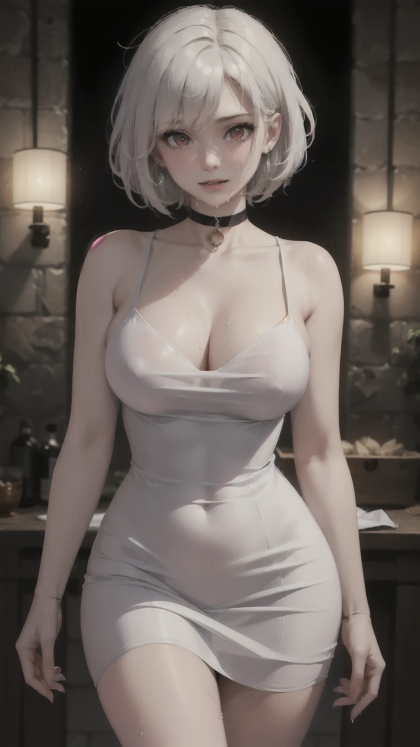 ((((masterpiece, best quality, high resolution)))), (1girl:1.5), ((short wavy hair, bob cut, white hair, red eyes, earrings, choker)), (large breasts:1.2), blush, light smile, parted lips, glow, thighs, bare shoulders, collarbone, narrow waist, (slender body figure), cleavage, (beautiful detailed face, beautiful detailed eyes), extra arms doll, joints, doll joints, ((white dress, thin material)), ((standing up, dripping wet)), looking at viewer, nighttime, (aheago, moaning in pleasure)