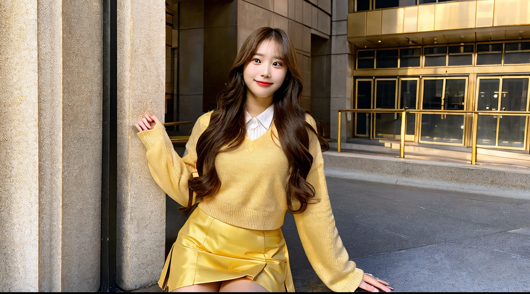 Cute female college student, 18 years old, wearing a golden miniskirt