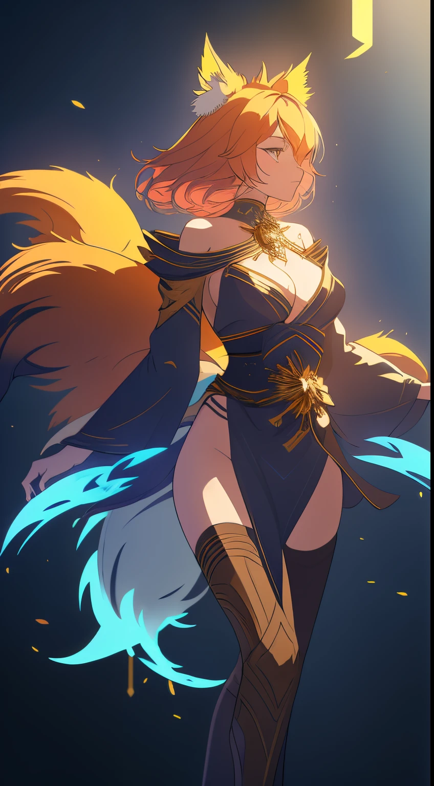 （（Wearing black and gold armor）），（gem outfit ），（Octane rendering 1.1 ），（（The body is wrapped in a blue-gray phantom）），（（Game skin design drawing）），（girl fox），Raised sexy，（（Blue flames fly in the wind）），feminine expression，Dancing in the air