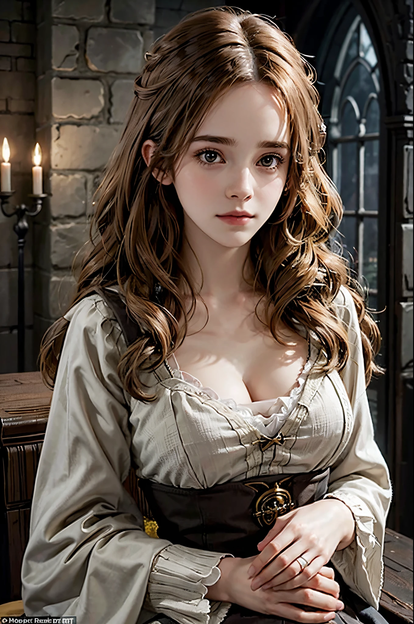 Generate a tender and romantic digital illustrated of hermione granger with large boobs from 'harry potter series', Capture the warmth of her body as she holding her breast, paying attention to the details in their attire and surroundings. Create an atmosphere of intimacy and affection, portraying the beauty of her body