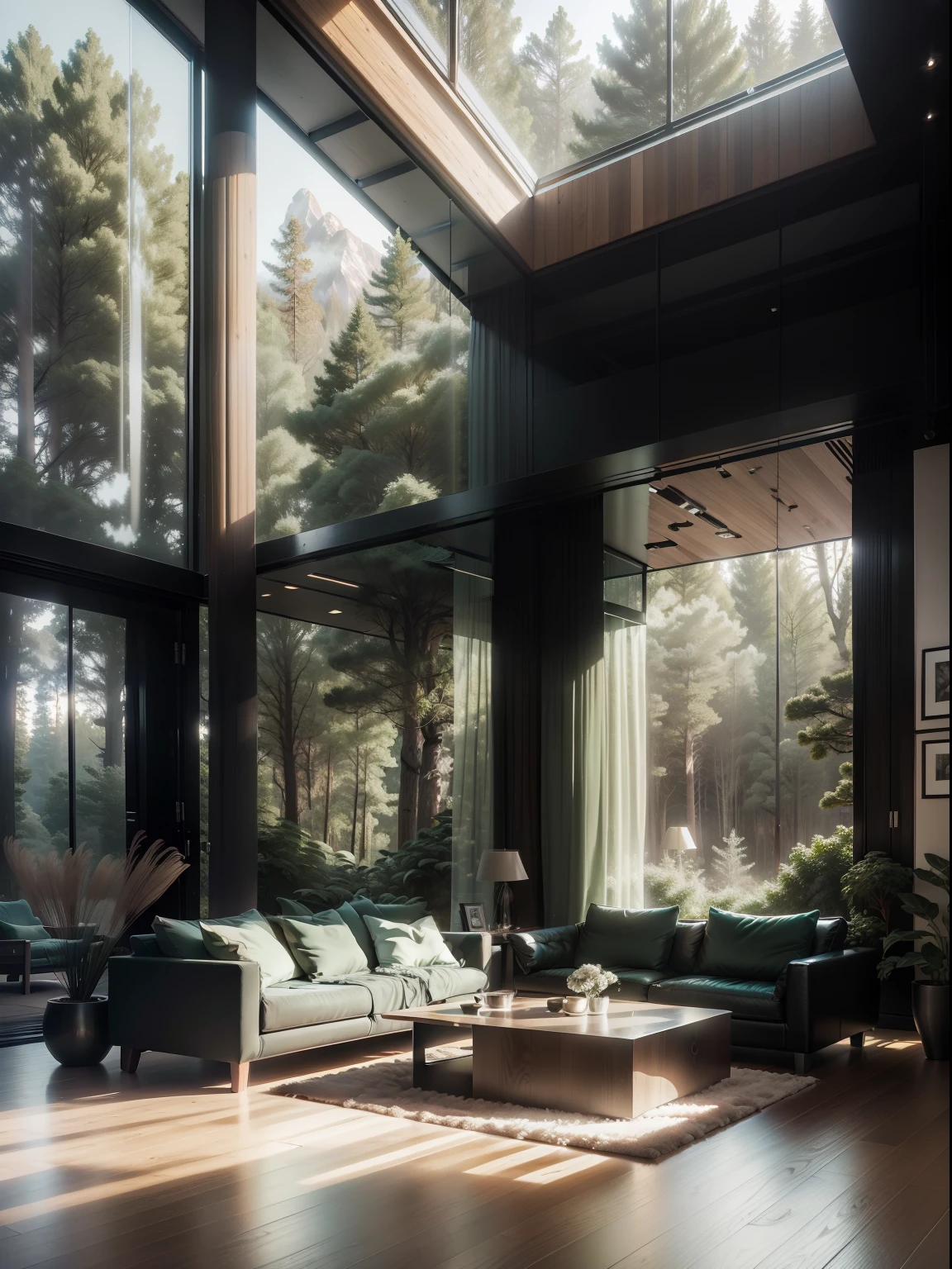 The Araffed living room has a large sofa and coffee table, Simple house, modern house in the wood, Peaceful mansion, House in the forest, interior architecture view, modern living room, in serene forest setting, house in the wood, Transparent ceiling，filled with natural light, natural indoor lighting, integrated in the mountains