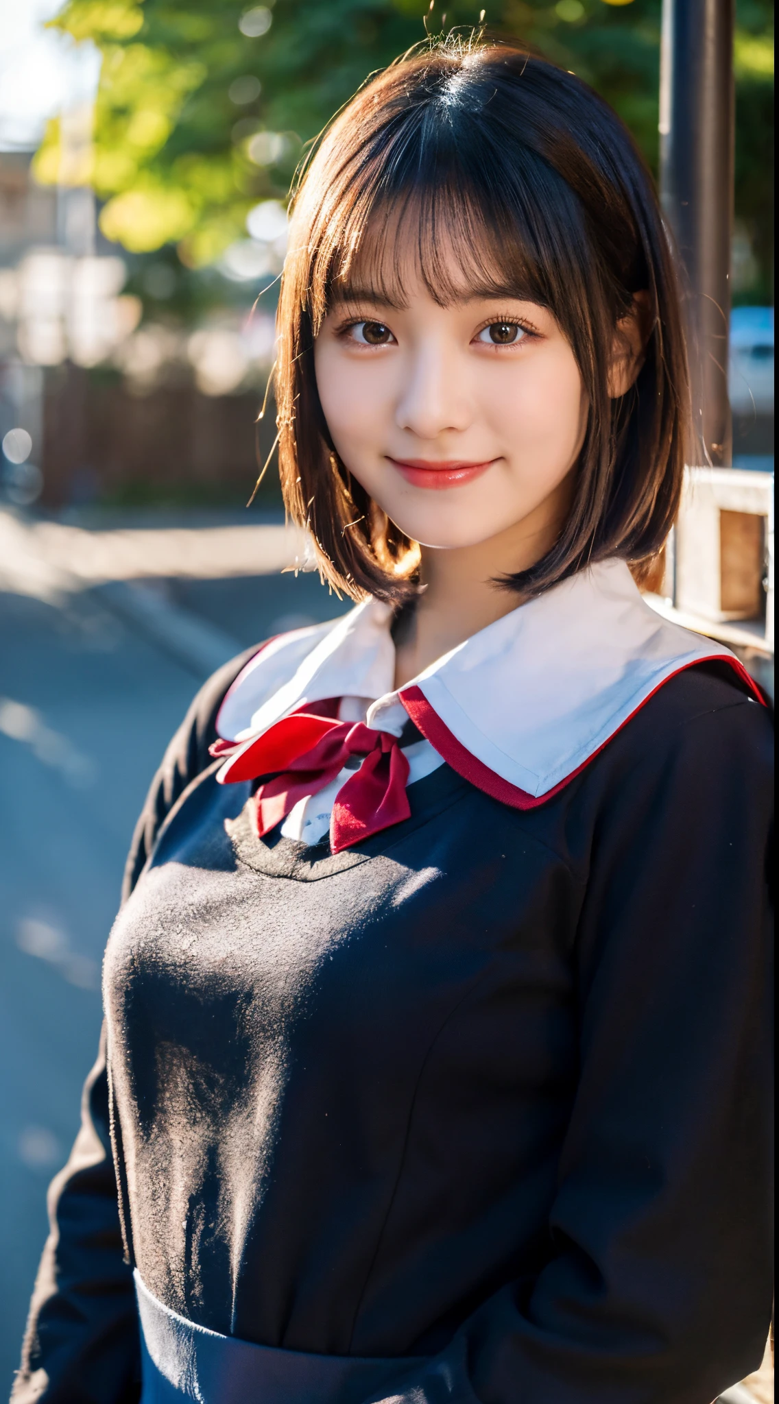 (top-quality,8K picture quality,masterpiece:1.3,),(超A high resolution,Photorealsitic:1.4,RAW Photography),(ultra-detailliert,Caustics,perfect anatomia),(Ultra-realistic capture,Beautifully detailed skin),stand in front of the school gate,18year old,kawaii,A dark-haired,Short Bob,Single eyelid,a smile,large boob,School Uniforms,dark red muffler,Black thick tights,Looking at the camera,Soft sunlight,