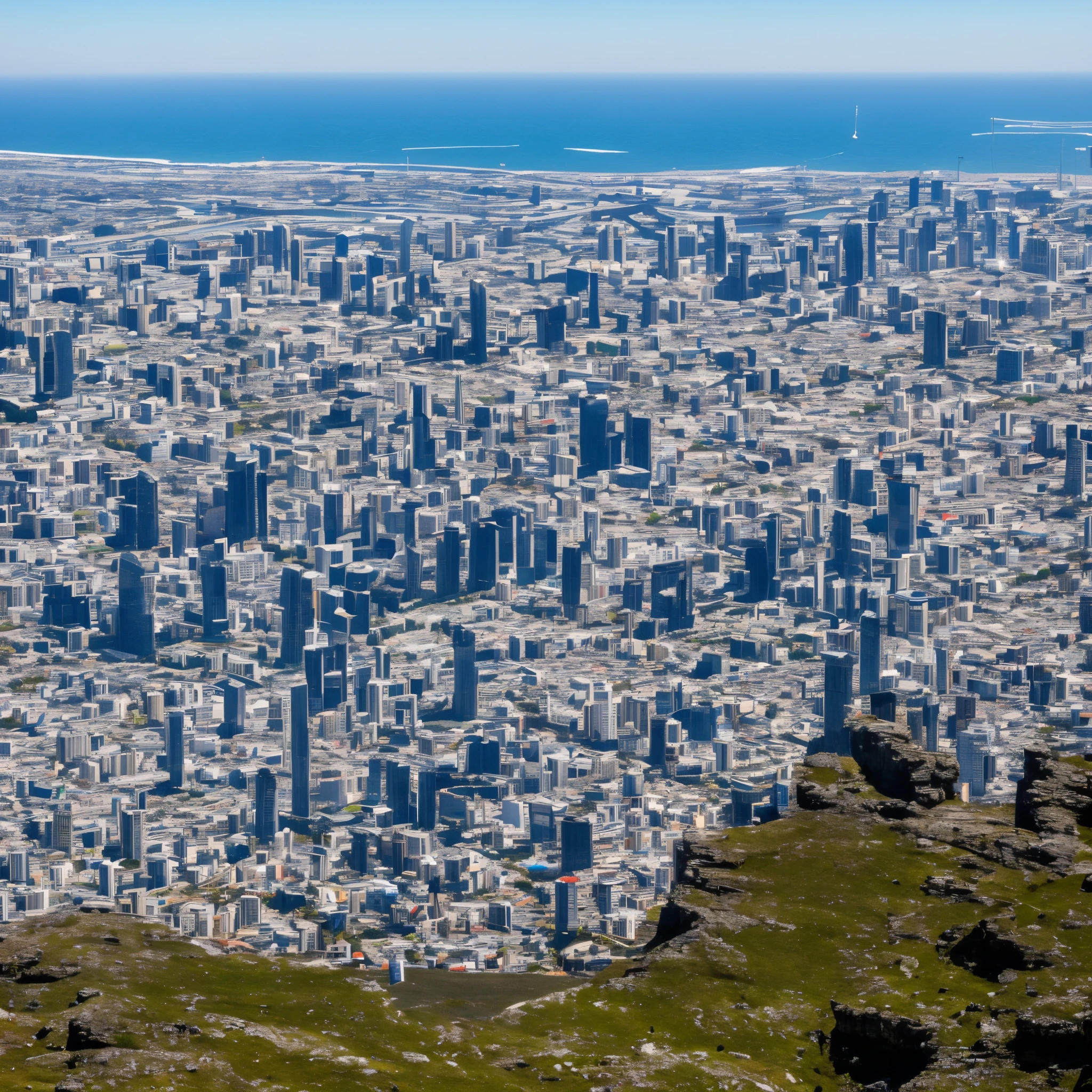 no human, landscape, look down overcast from peak of table mountain higher than overcast, clear blue sky, (skyscrapers in distance:1.3)