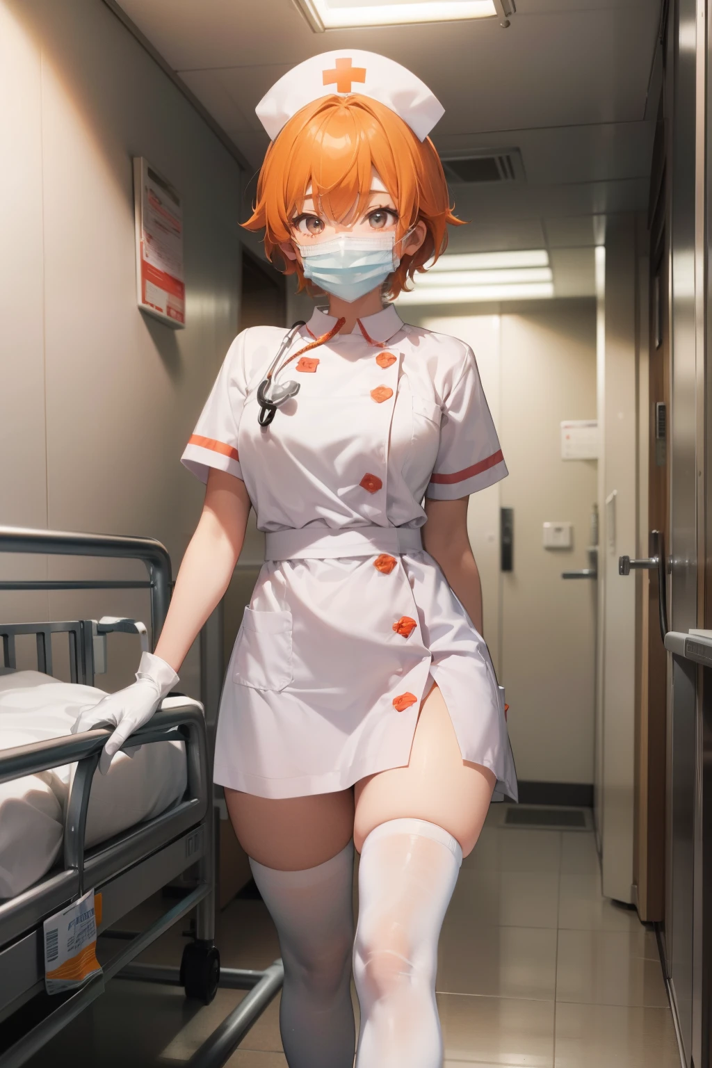 1girl, solo, nurse, nurse cap, white wear, ((white legwear, zettai ryouiki)), white gloves, very short hair, orange hair, ((white surgical mask, covered nose)), standing, ((hospital room)), sharp outline, short sleeves, tomboy, boyish, best quality, masterpiece