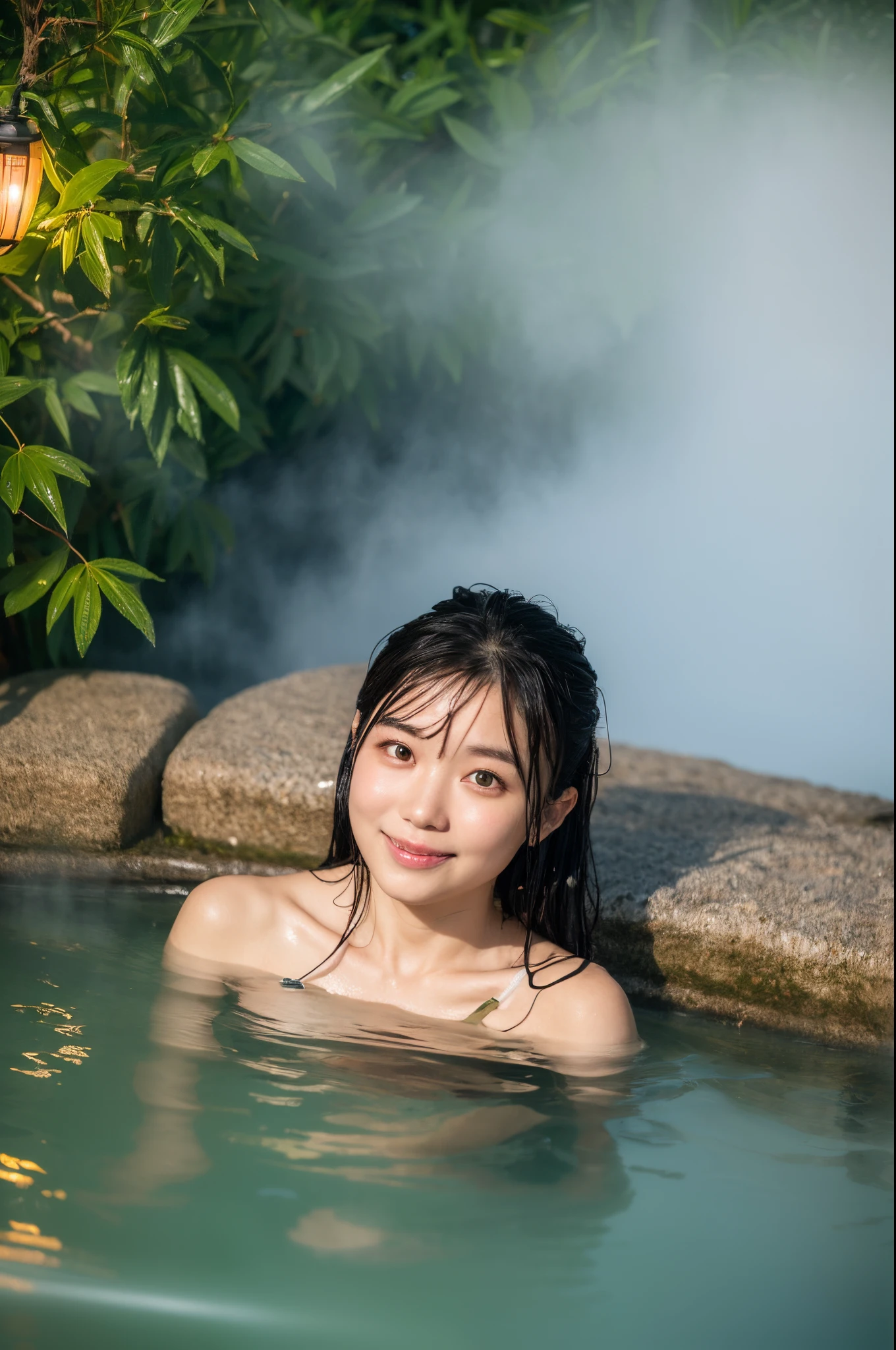 highest quality, masterpiece, ultra high resolution, (realistic:1.4), Raw photo, 1 girl、shiny skin, dramatic lighting, whole body,、Japanese, complete raw body, Show all attractions、smile、hot spring、Taking a bath、photorealism