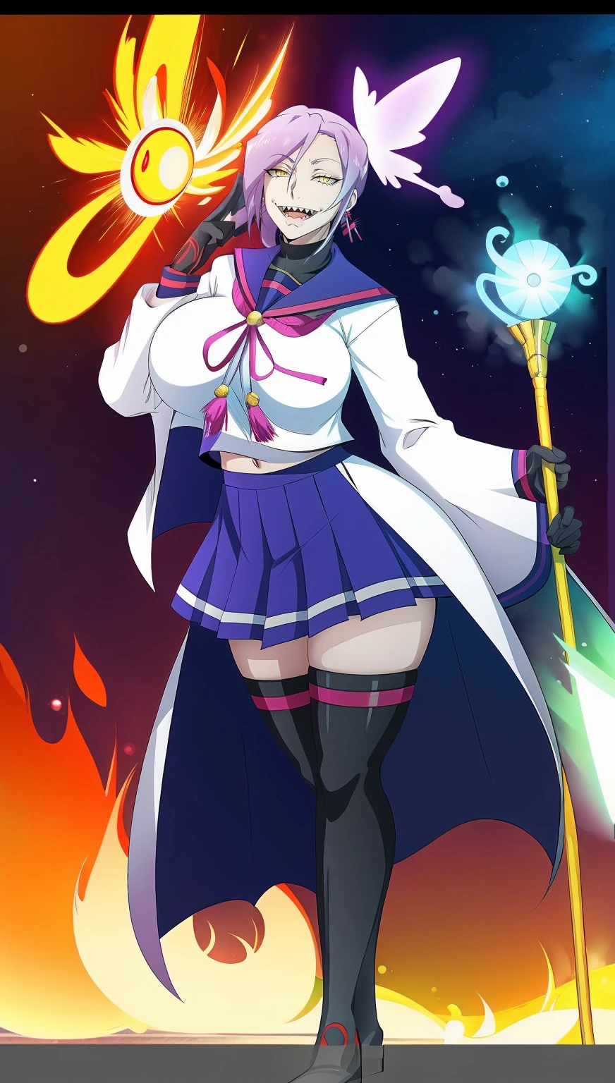 1girl, solo, looking at viewer, cowboy shot, hand arms full body,boots, standing,cute,breast, curvy, female,fantasy goddess,there is a cartoon picture of a woman with a very large breast, glowing divine being, glowing holy aura, inspired by Luma Rouge, the non-binary deity of spring, ethereal rainbow nimbus, the butterfly goddess of fire, inspired by Mariel, glowing aura around her, astral wind, as the goddess of the saturn, “uwu the prismatic person, big breast, serious, beautiful eyes, , full body, walking, long robe, long dress, ,priestess ,holy, smile, god rays, ray tracing, sparkle, cinematic lighting, UHD, retina, masterpiece, ccurate, anatomically correct, textured skin, super detail, high details, high quality, award winning, best quality, highres, 1080P, HD, 4K, thunder aura, light aura,full, snak staff,closed mouth,#anime #character #re:creators #magane chikujoin Trigger Words: chikujoin magane sharp teeth single braid school uniform serafuku pleated skirt thighhighs gloves earrings Version No.:, long skirt, sharpteeth smile, open mouth