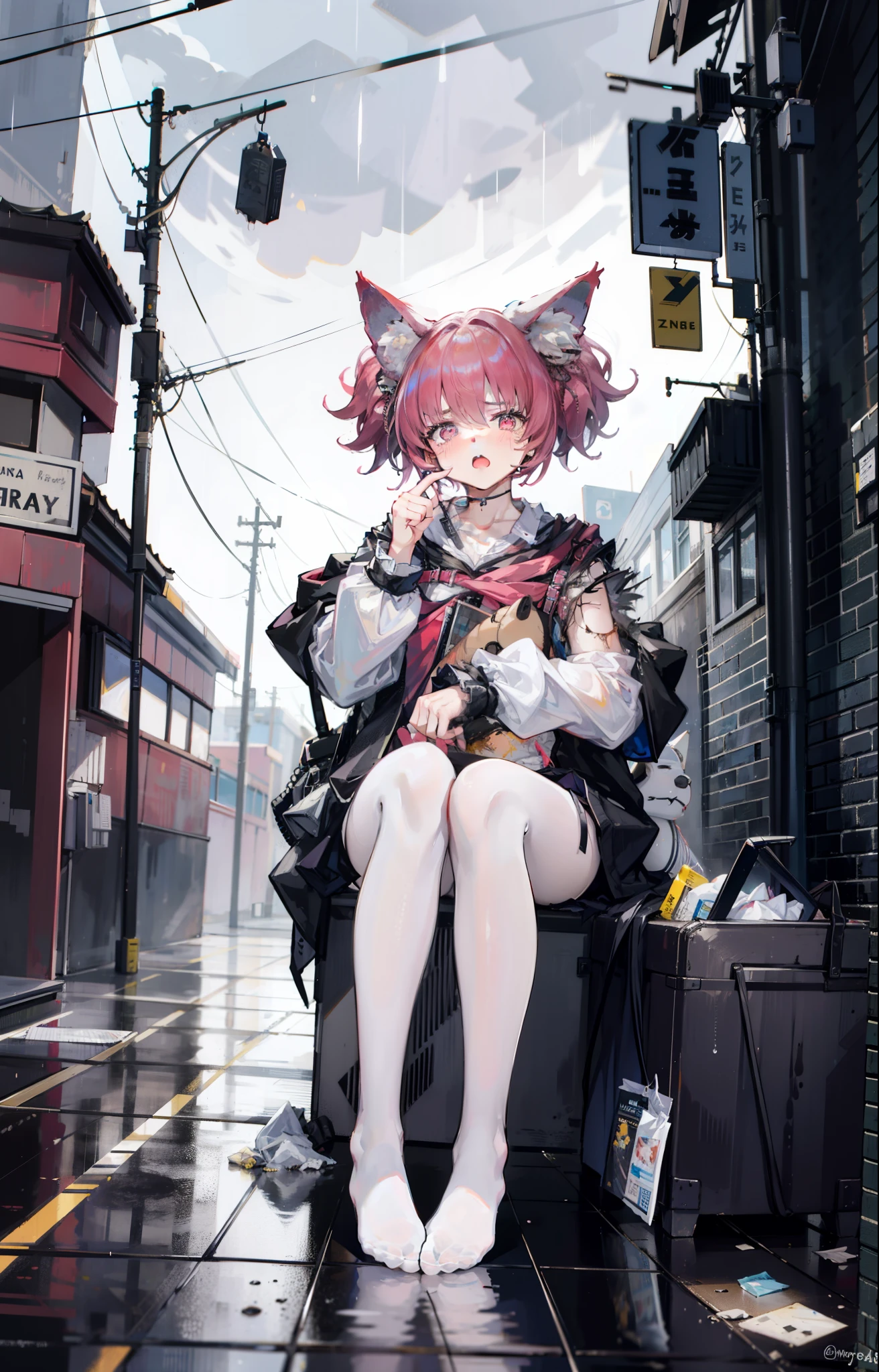 A girl in school uniform sits on the wet ground in a dirty and messy alley, Her clothes were soaked by the rain.White pantyhose without shoes,Tears flowed down her face, In a quiet and deserted alley，Only her sobs. The rain continues to fall, Knocked on the sidewalk and mixed with trash，white pantyhosered，shamare