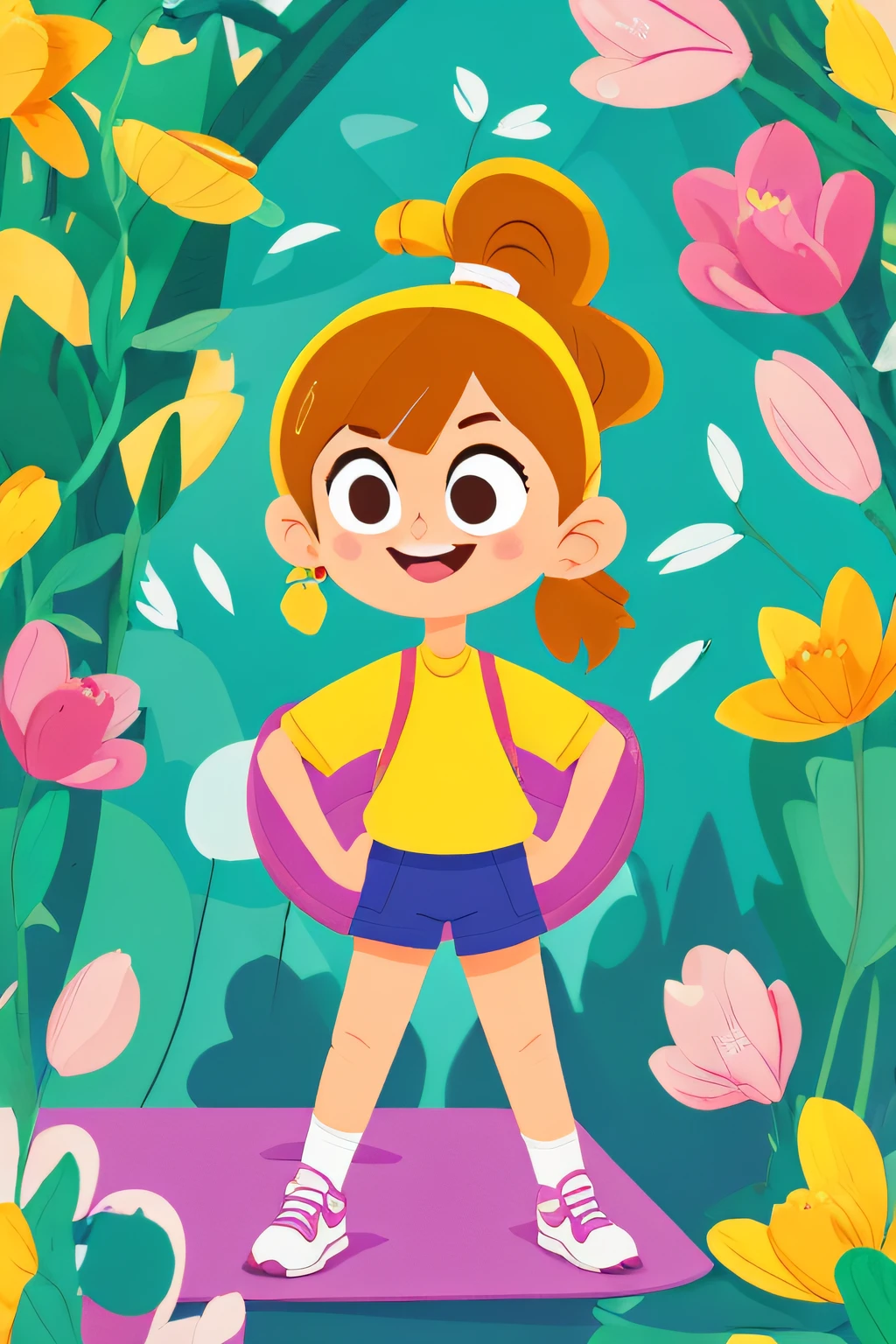 1 girl, cartoon girl, cartoon style, solo, ponytail hair style, sporty style, sporty clothes, doing exercise, doing yoga, stretch body, full body, big head, colorful, flat color, white background, simple background