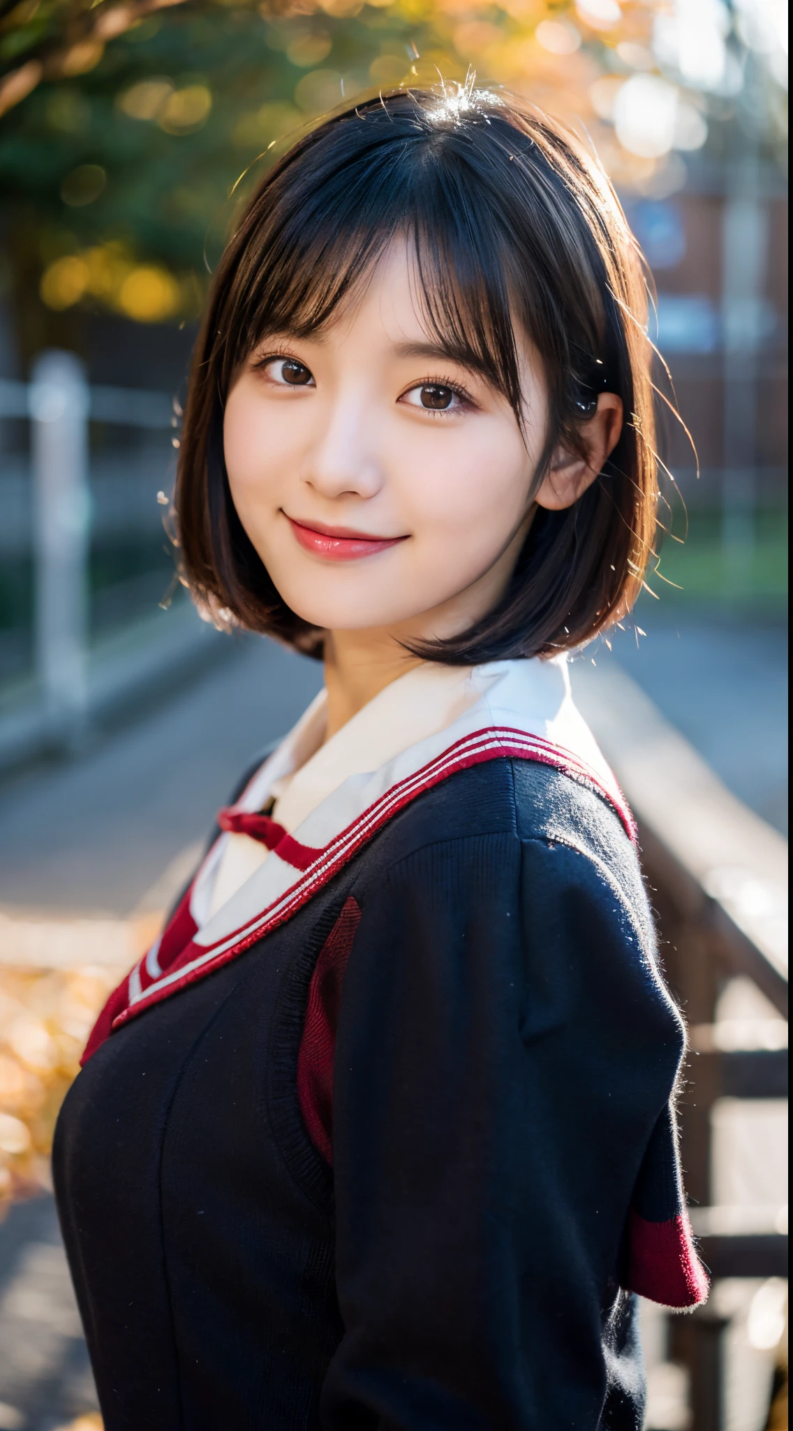 (top-quality,8K picture quality,​masterpiece:1.3,),(超A high resolution,Photorealsitic:1.4,RAW Photography),(ultra-detailliert,Caustics,perfect anatomia),(Ultra-realistic capture,Beautifully detailed skin),stand in front of the school gate,18year old,kawaii,A dark-haired,Short Bob,Single eyelid,a smile,large boob,School Uniforms,dark red muffler,Black thick tights,Looking at the camera,Soft sunlight,