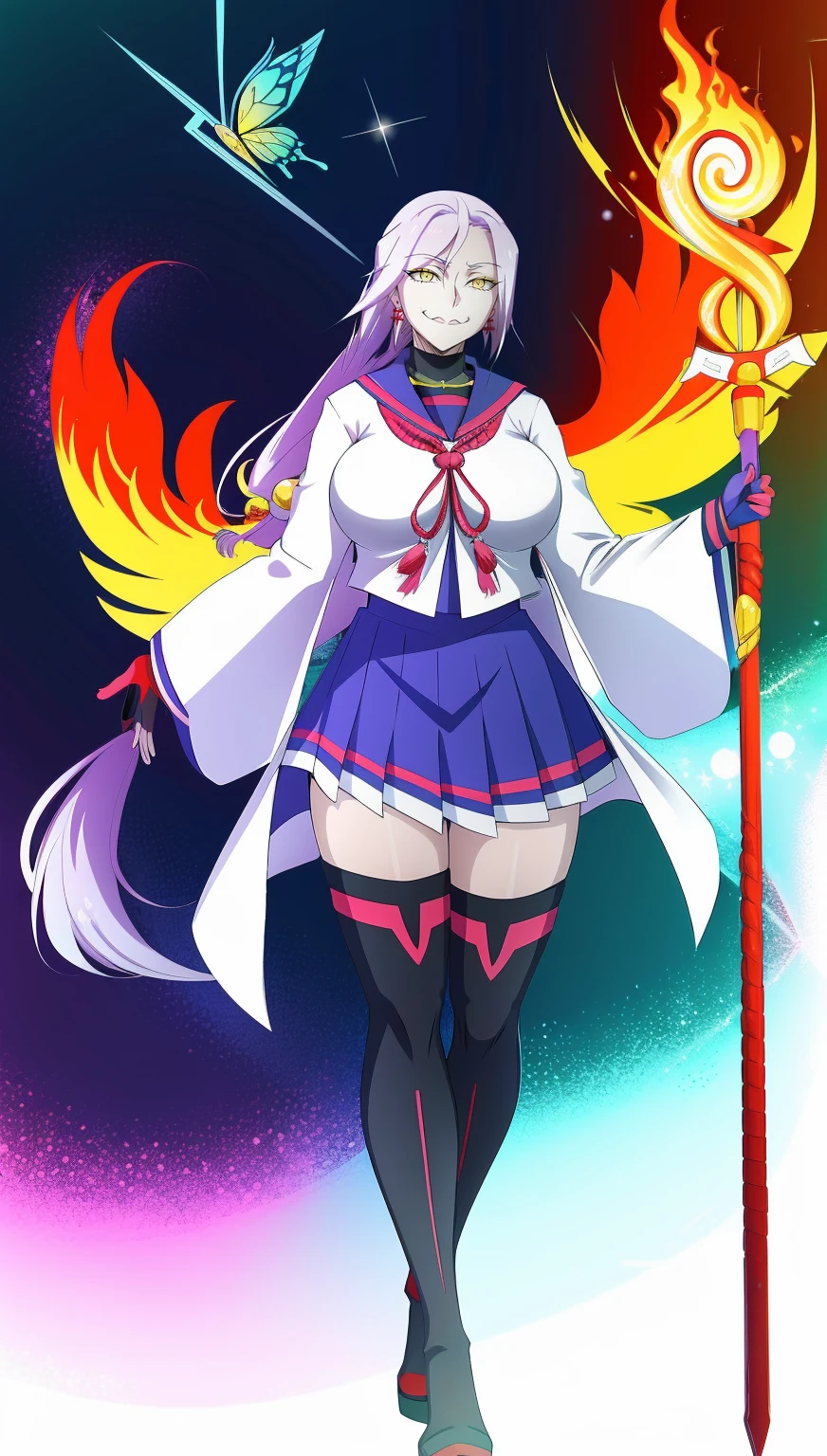 1girl, solo, looking at viewer, cowboy shot, hand arms full body,boots, standing,cute,breast, curvy, female,fantasy goddess,there is a cartoon picture of a woman with a very large breast, glowing divine being, glowing holy aura, inspired by Luma Rouge, the non-binary deity of spring, ethereal rainbow nimbus, the butterfly goddess of fire, inspired by Mariel, glowing aura around her, astral wind, as the goddess of the saturn, “uwu the prismatic person, big breast, serious, beautiful eyes, , full body, walking, long robe, long dress, ,priestess ,holy, smile, god rays, ray tracing, sparkle, cinematic lighting, UHD, retina, masterpiece, ccurate, anatomically correct, textured skin, super detail, high details, high quality, award winning, best quality, highres, 1080P, HD, 4K, thunder aura, light aura,full, snak staff,closed mouth,#anime #character #re:creators #magane chikujoin Trigger Words: chikujoin magane sharp teeth single braid school uniform serafuku pleated skirt thighhighs gloves earrings Version No.:, long skirt, sharpteeth smile, open mouth, priestess, tunic,