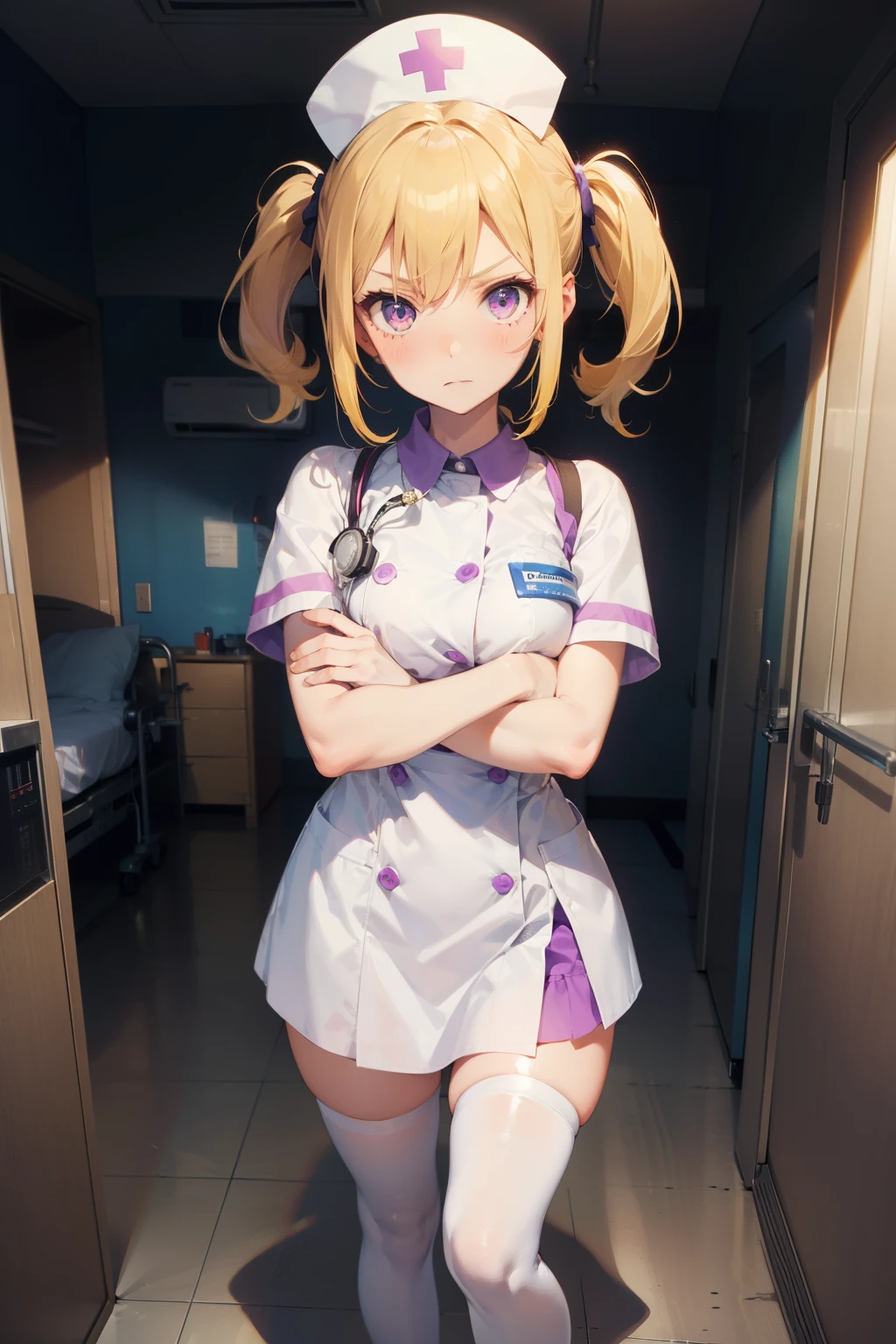 1girl, solo, nurse, nurse cap, white wear, ((white legwear, zettai ryouiki)), white gloves, twintails, yellow hair, purple eyes, angry, crossed arms, standing, ((hospital room)), sharp outline, short sleeves, best quality, masterpiece