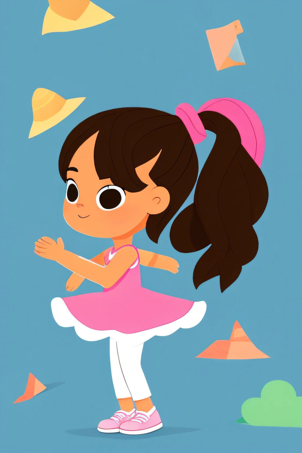 1 girl, cartoon girl, cartoon style, solo, ponytail hair style, pink dress, doing exercise, doing yoga, stretch body, full body, big head, colorful, flat color, white background, simple background