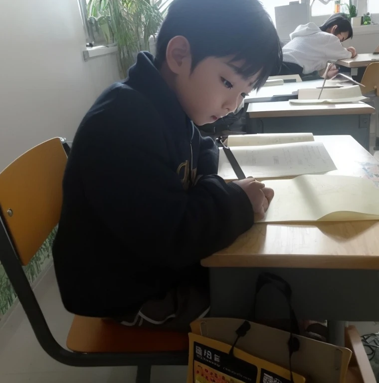 There is a sitting at the desk writing on a piece of paper, Try to learn, pupils, Learn, Sit at his desk, focus-on, Nam Jae-yeon, Studious, korean writing, in class room, Shoot with an iPhone, sitting in classroom, Sitting at your desk, Gamine, working hard, iPhone capture, Happy!!!, genius
