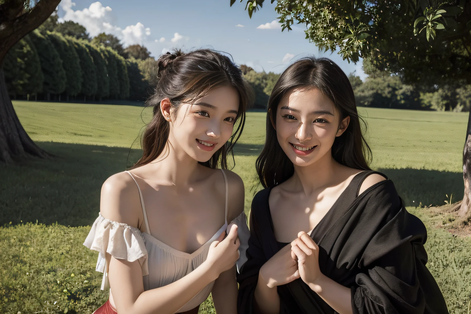 Poussin-style landscape,A smile,,Sweet and seductive appearance.、Caravaggio's paintings、Chiaroscuro of Caravaggio、Hair disheveled in the wind,Two women frolicking,Cute smile, Expression of ecstasy