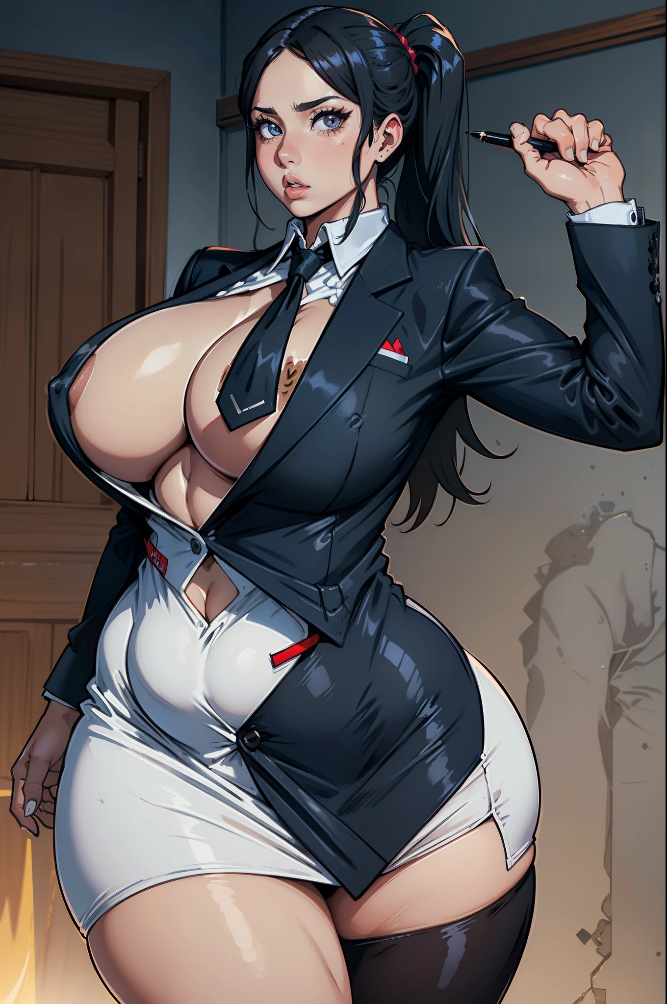 La mejor calidad, Mujer madura, pechos gigantes, gigante, very curvy, Cola de caballo alta, ojos negros, labios carnosos, seductor, Uniforme principal, Blazer negro, White button up, pencil skirt, escote expuesto, sujetador rojo de encaje
