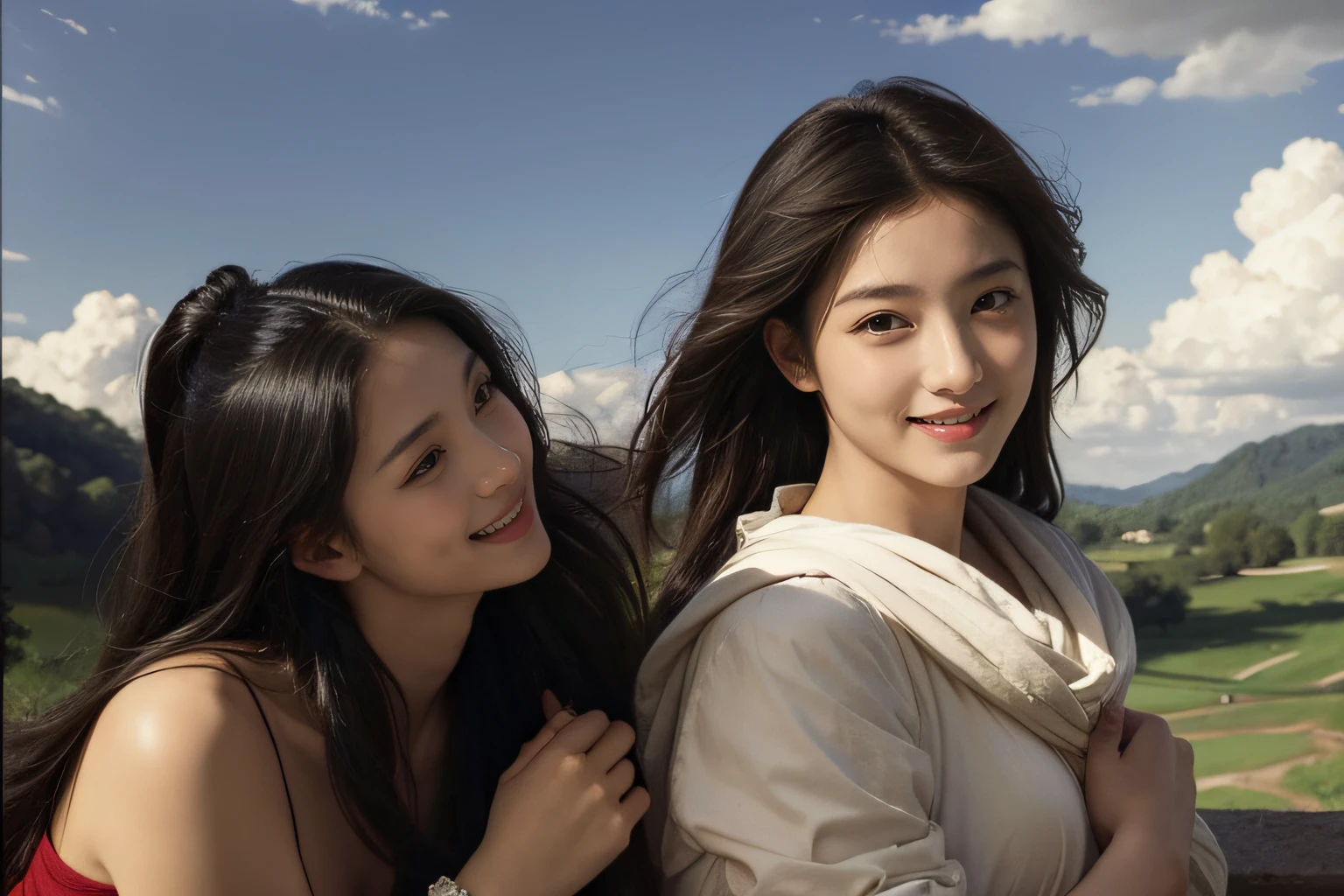 Poussin-style landscape,A smile,,Sweet and seductive appearance.、Caravaggio's paintings、Chiaroscuro of Caravaggio、Hair disheveled in the wind,Two women frolicking,cute smile, expression of ecstasy