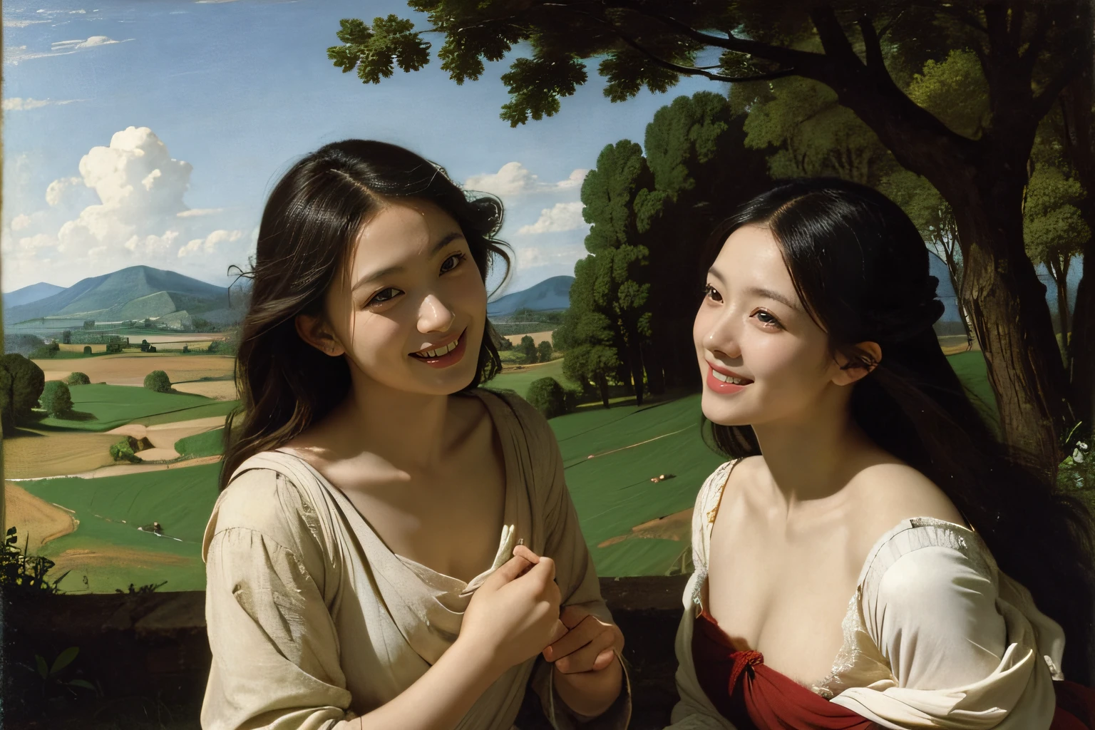 Poussin-style landscape,A smile,,Sweet and seductive appearance.、Caravaggio's paintings、Chiaroscuro of Caravaggio、Hair disheveled in the wind,Two women frolicking,cute smile, expression of ecstasy