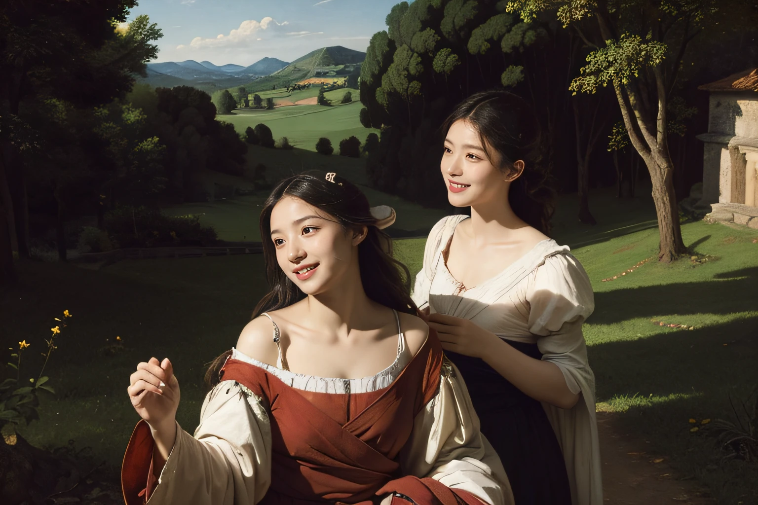 Poussin-style landscape,A smile,,Sweet and seductive appearance.、Caravaggio's paintings、Chiaroscuro of Caravaggio、Hair disheveled in the wind,Two women frolicking,cute smile, expression of ecstasy