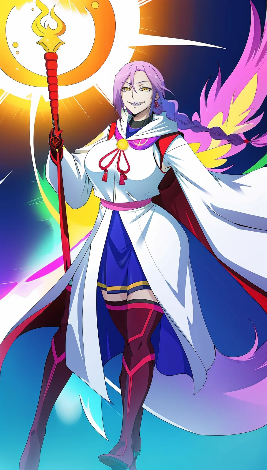 1girl, solo, looking at viewer, cowboy shot, hand arms full body,boots, standing,cute,breast, curvy, female,fantasy goddess,there is a cartoon picture of a woman with a very large breast, glowing divine being, glowing holy aura, inspired by Luma Rouge, the non-binary deity of spring, ethereal rainbow nimbus, the butterfly goddess of fire, inspired by Mariel, glowing aura around her, astral wind, as the goddess of the saturn, “uwu the prismatic person, big breast, serious, beautiful eyes, , full body, walking, long robe, long dress, ,priestess ,holy, smile, god rays, ray tracing, sparkle, cinematic lighting, UHD, retina, masterpiece, ccurate, anatomically correct, textured skin, super detail, high details, high quality, award winning, best quality, highres, 1080P, HD, 4K, thunder aura, light aura,full, snak staff,closed mouth,#anime #character #re:creators #magane chikujoin Trigger Words: chikujoin magane sharp teeth single braid serafuku thighhighs gloves earrings Version No.:, long skirt, sharpteeth smile, open mouth, priestess, tunic,,vest, pullover