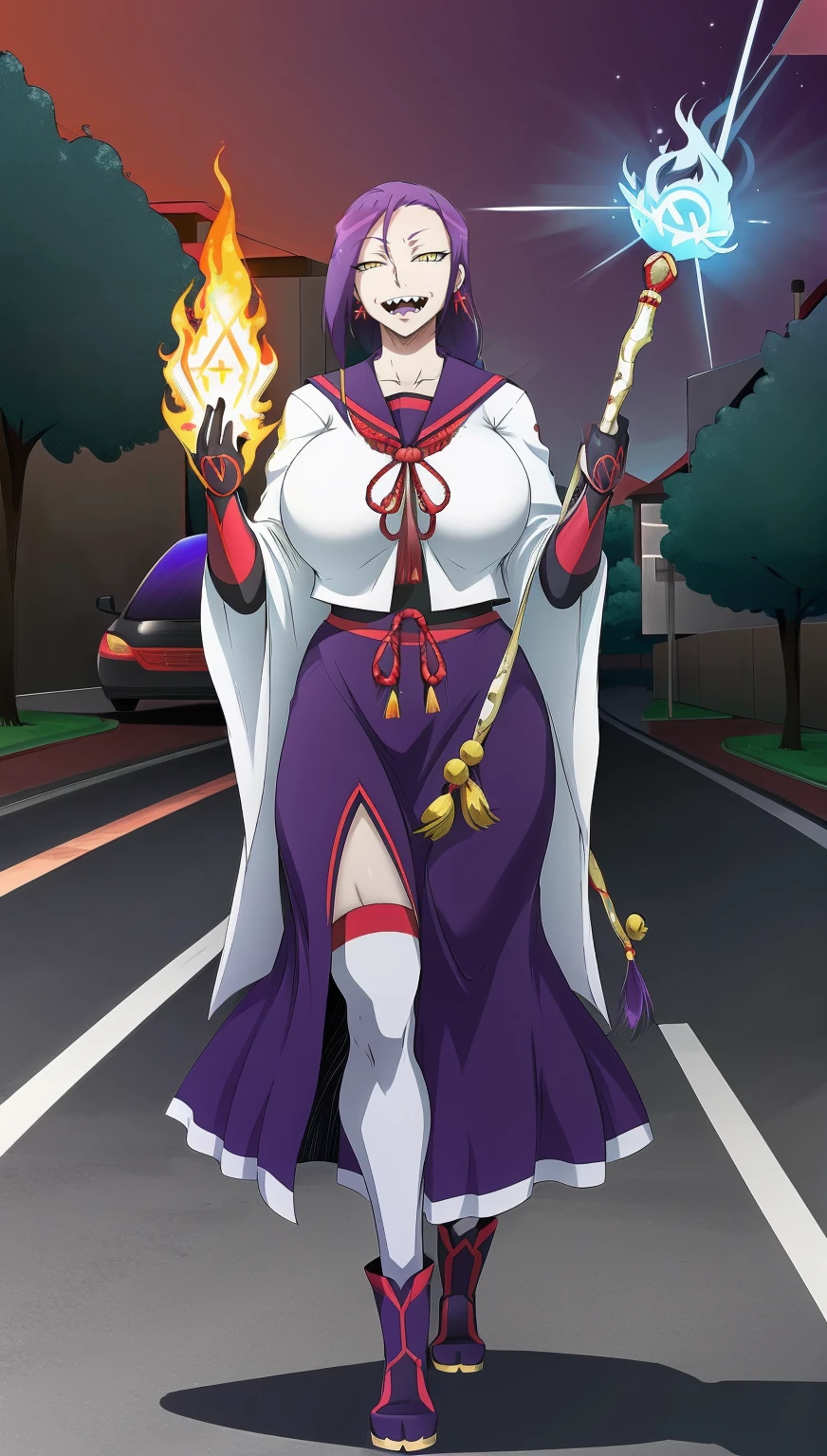 1girl, solo, looking at viewer, cowboy shot, hand arms full body,boots, standing,cute,breast, curvy, female,fantasy goddess,there is a cartoon picture of a woman with a very large breast, glowing divine being, glowing holy aura, inspired by Luma Rouge, the non-binary deity of spring, ethereal rainbow nimbus, the butterfly goddess of fire, inspired by Mariel, glowing aura around her, astral wind, as the goddess of the saturn, “uwu the prismatic person, big breast, serious, beautiful eyes, , full body, walking, long robe, long dress, ,priestess ,holy, smile, god rays, ray tracing, sparkle, cinematic lighting, UHD, retina, masterpiece, ccurate, anatomically correct, textured skin, super detail, high details, high quality, award winning, best quality, highres, 1080P, HD, 4K, thunder aura, light aura,full, snak staff,closed mouth,#anime #character #re:creators #magane chikujoin Trigger Words: chikujoin magane sharp teeth single braid serafuku thighhighs gloves earrings Version No.:, long skirt, sharpteeth smile, open mouth, priestess, tunic,,vest, pullover, pants, skirt