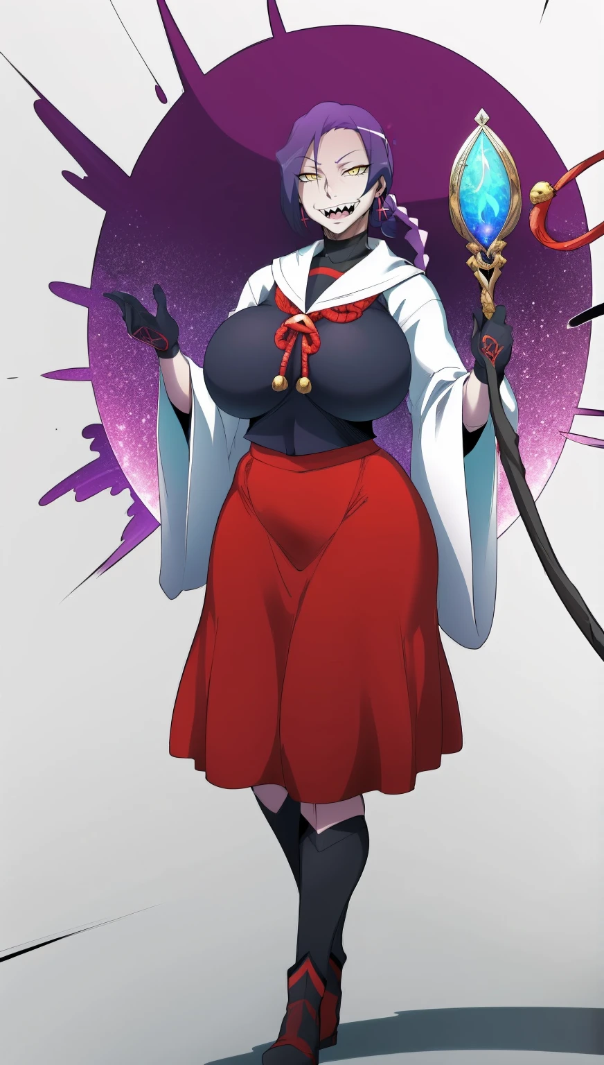1girl, solo, looking at viewer, cowboy shot, hand arms full body,boots, standing,cute,breast, curvy, female,fantasy goddess,there is a cartoon picture of a woman with a very large breast, glowing divine being, glowing holy aura, inspired by Luma Rouge, the non-binary deity of spring, ethereal rainbow nimbus, the butterfly goddess of fire, inspired by Mariel, glowing aura around her, astral wind, as the goddess of the saturn, “uwu the prismatic person, big breast, serious, beautiful eyes, , full body, walking, long robe, long dress, ,priestess ,holy, smile, god rays, ray tracing, sparkle, cinematic lighting, UHD, retina, masterpiece, ccurate, anatomically correct, textured skin, super detail, high details, high quality, award winning, best quality, highres, 1080P, HD, 4K, thunder aura, light aura,full, snak staff,closed mouth,#anime #character #re:creators #magane chikujoin Trigger Words: chikujoin magane sharp teeth single braid serafuku thighhighs gloves earrings Version No.:, long skirt, sharpteeth smile, open mouth, priestess, tunic,